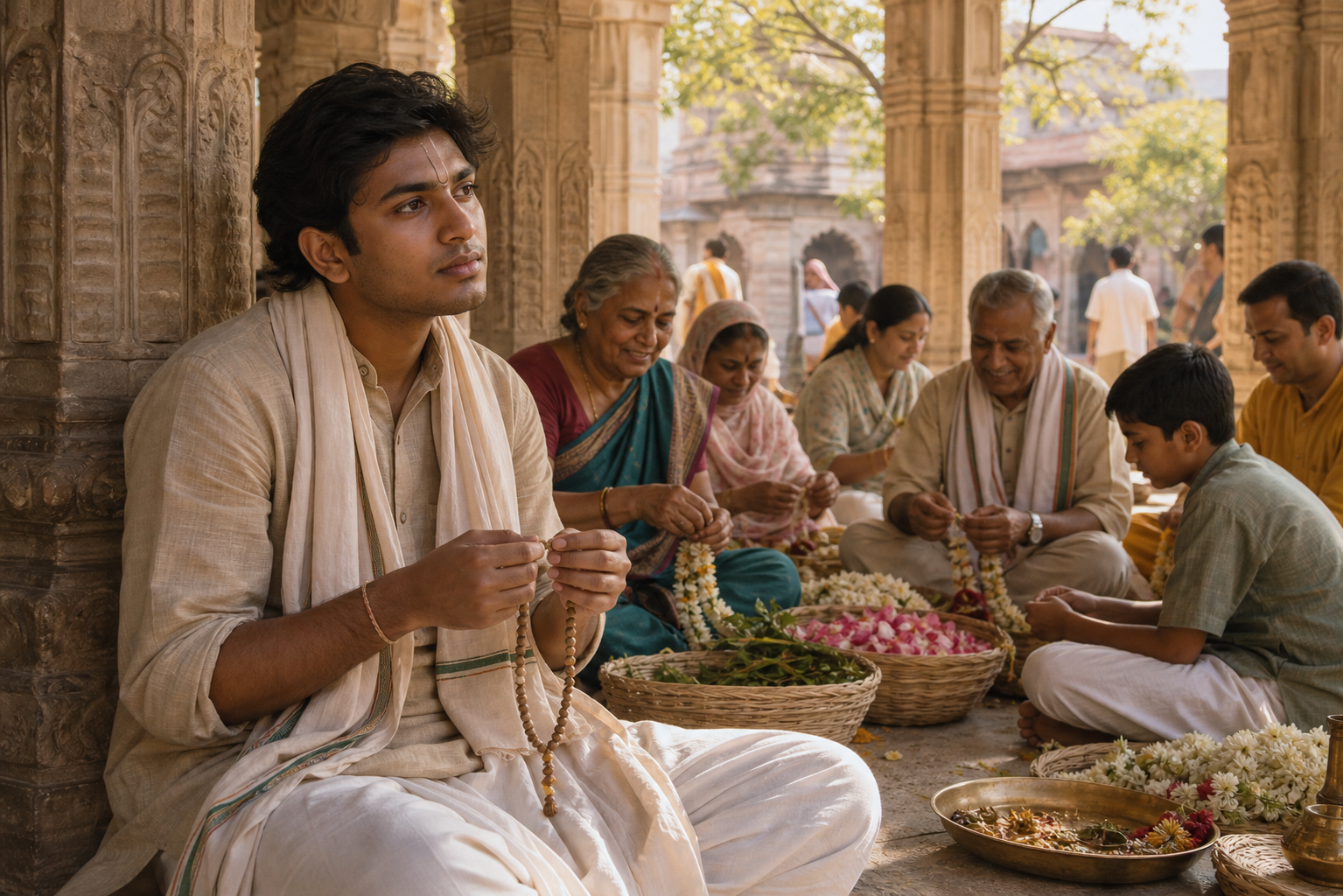A young pilgrim holds tulsi prayer beads while devotees of different ages prepare flower garlands together in a temple courtyard.