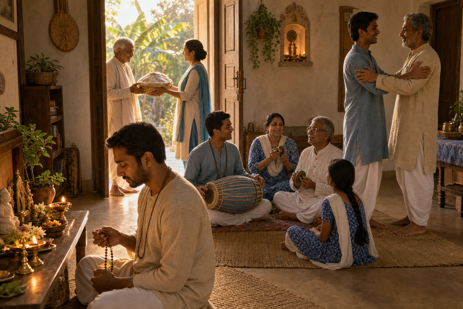 A household chants with prayer beads, sings with drums and cymbals, reconciles at the doorway, and offers food to an elderly guest.