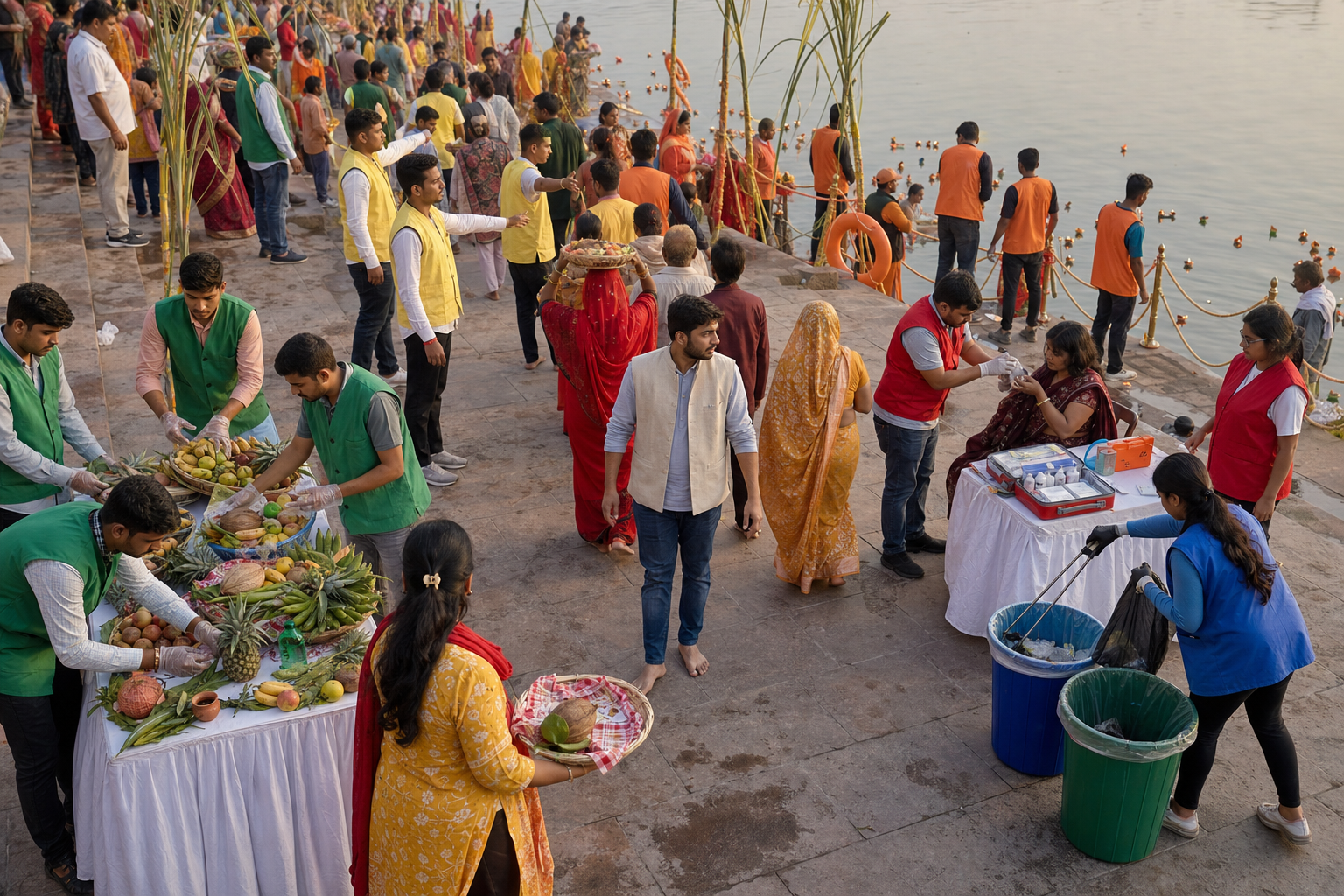 Volunteer teams manage food checks, water safety, crowd movement, first aid, and cleanup in separate areas of a Delhi Chhath ghat.