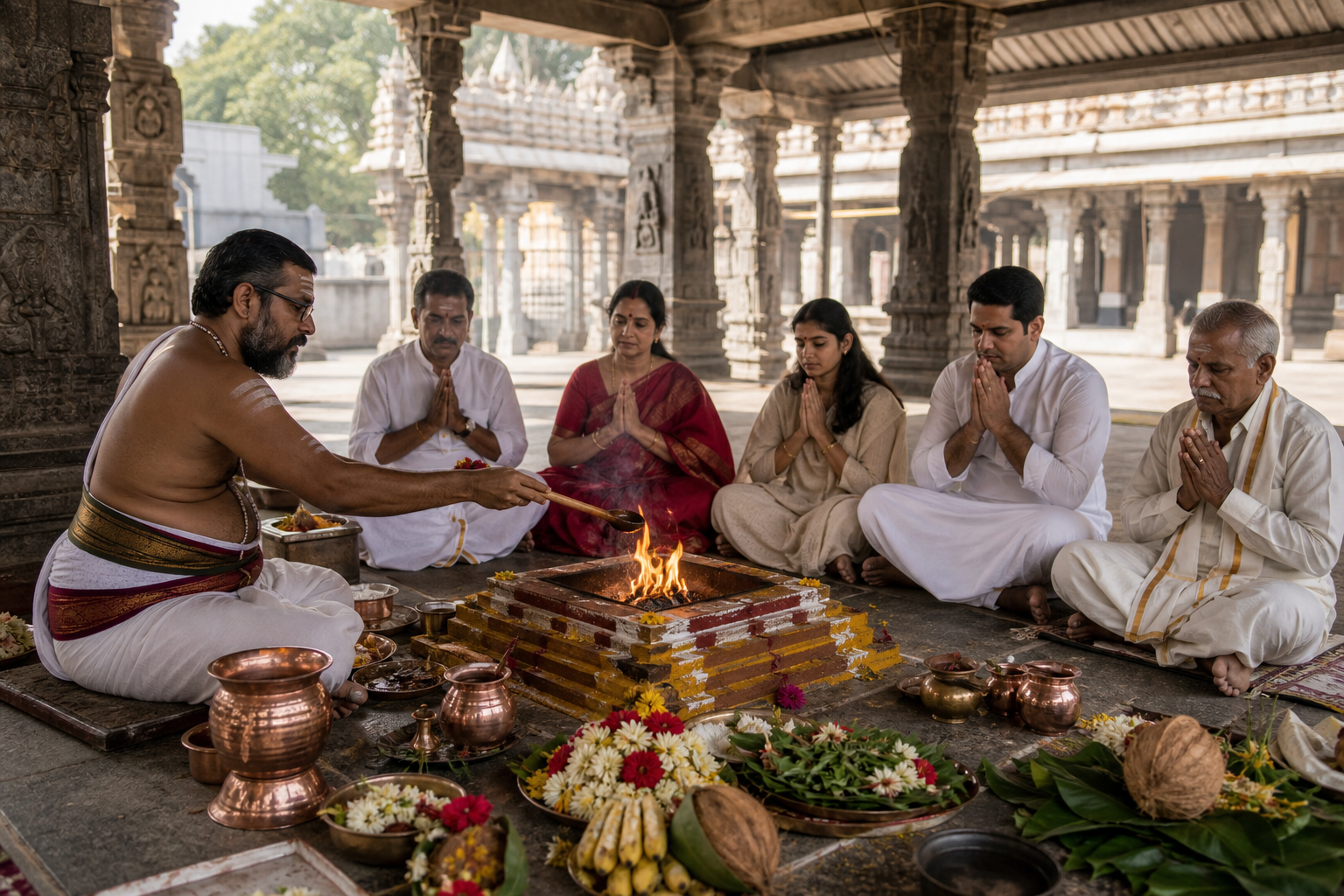 A priest tends a square homam fire altar while seated devotees pray inside a stone-pillared temple pavilion.