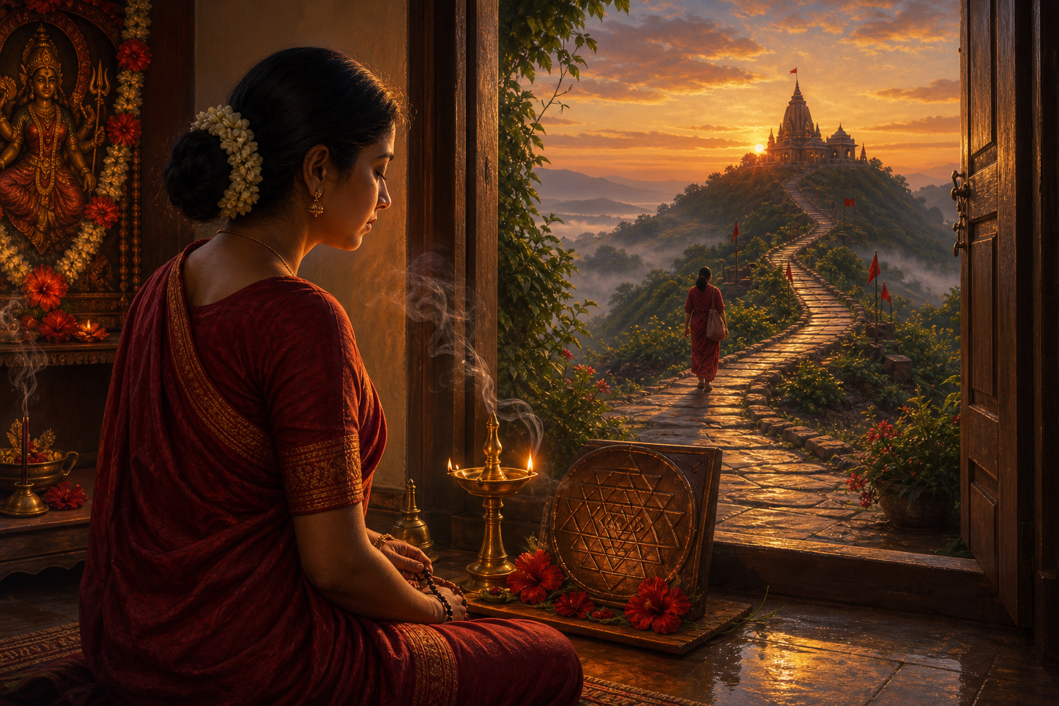 A woman practices at a home altar while a path beyond the doorway leads toward a distant Shakti temple at sunrise.