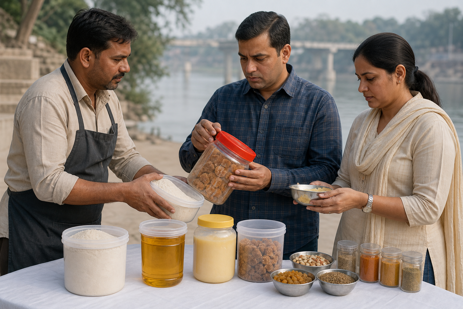 A vendor and Chhath committee members calmly inspect sealed, unbranded food ingredients at a neutral verification table.