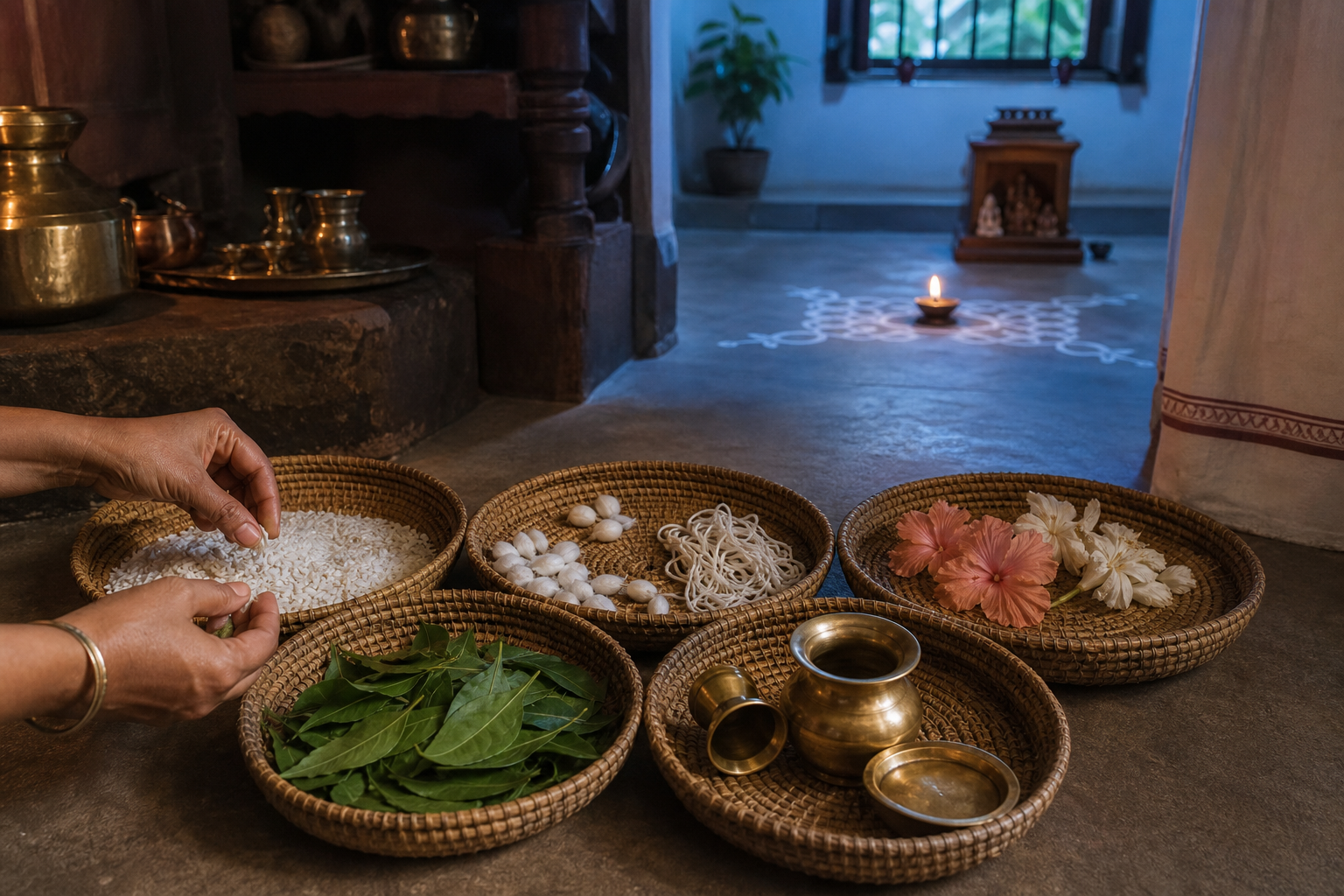 Adult hands organize rice, flowers, wicks, leaves, and brass vessels while a prepared prayer space glows in the background.