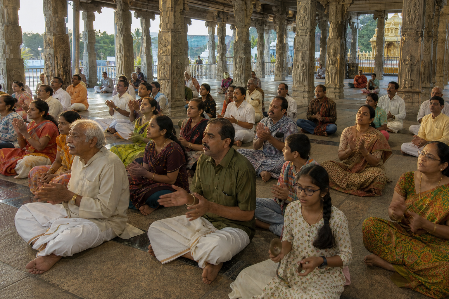 Devotees sit in semicircles inside a stone mandapam, clapping and playing small cymbals during a communal bhajan.