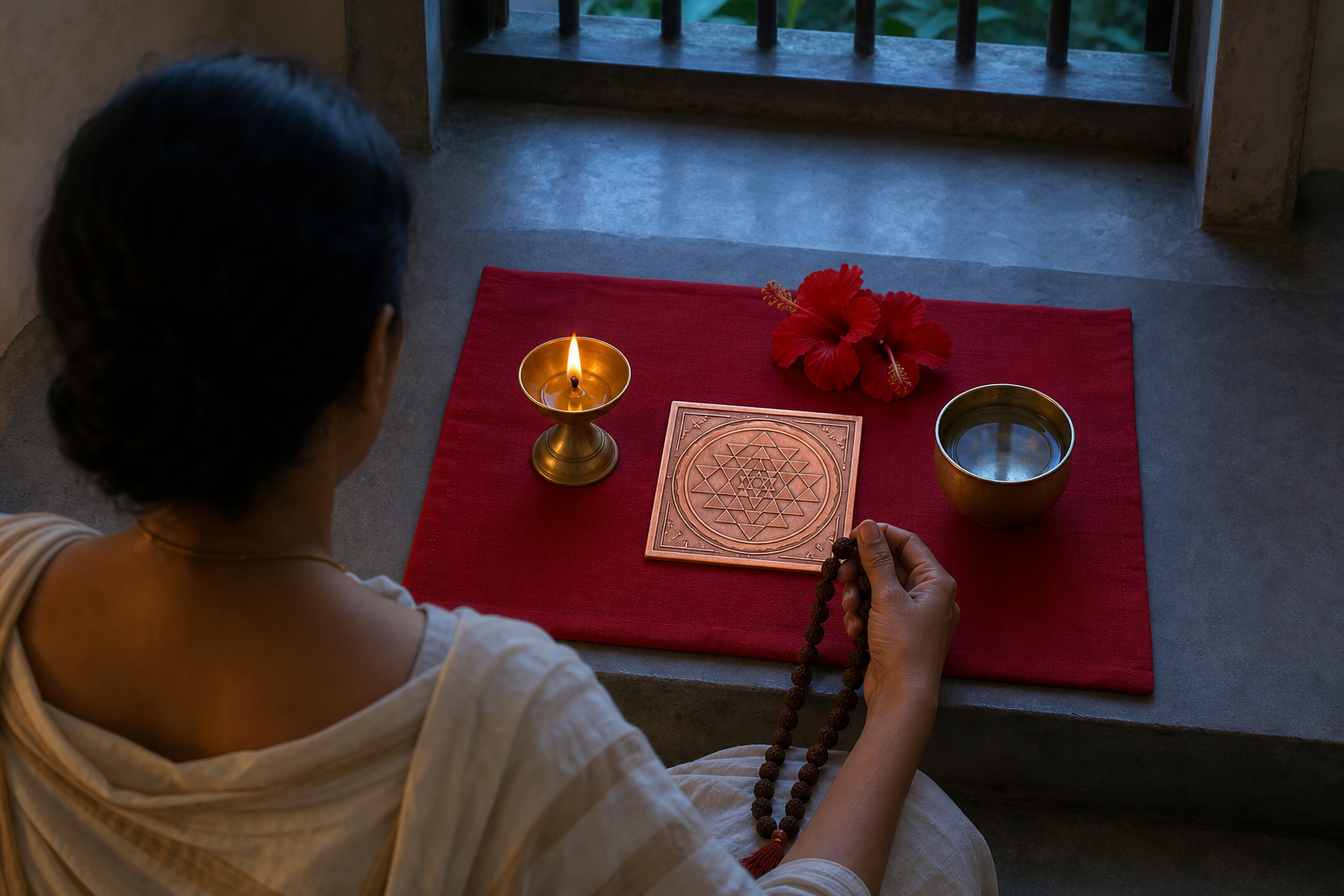 A seated practitioner holds prayer beads before a modest dawn altar with a copper diagram, oil lamp, water, and red flowers.