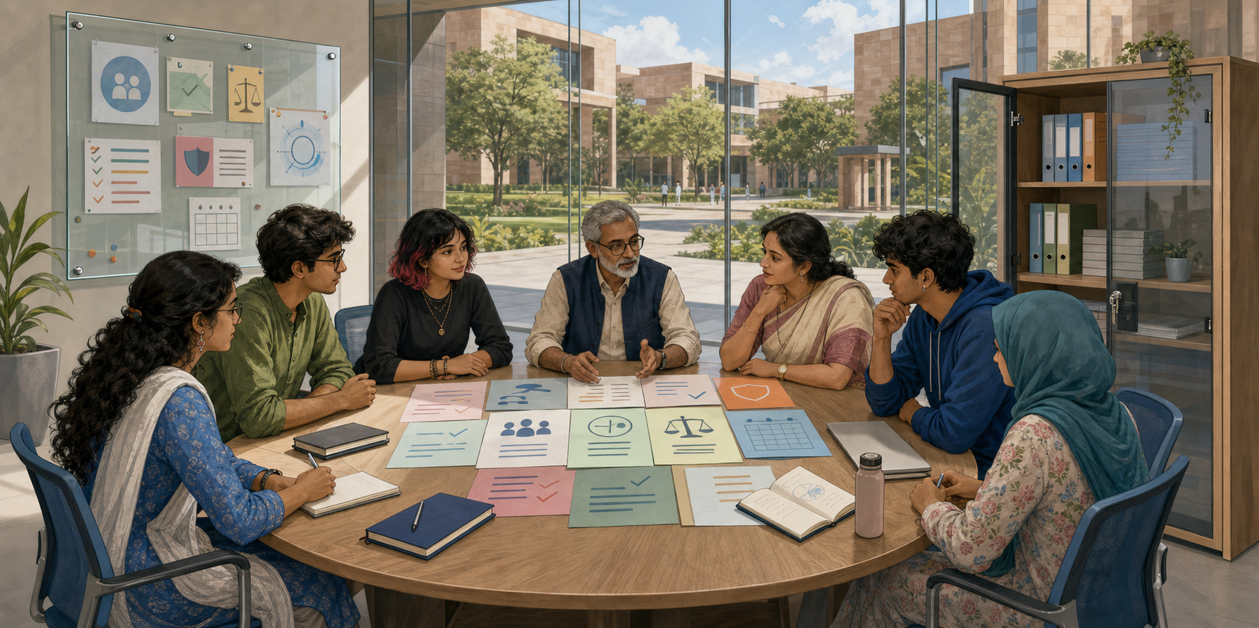 Students, faculty members, and a dean review the same set of campus policy materials around a circular table.