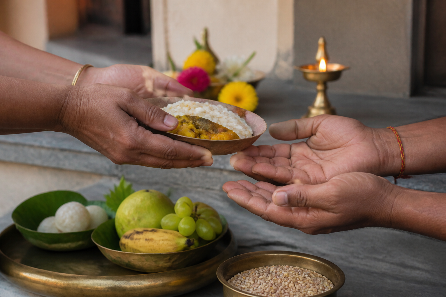 Adult hands share bowls of cooked food, fruit, and grain after a simple home observance.