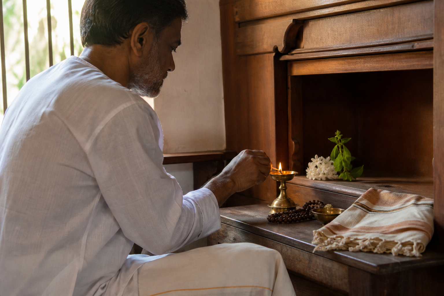A pilgrim lights a brass oil lamp at a simple home prayer niche decorated with flowers and tulsi leaves.