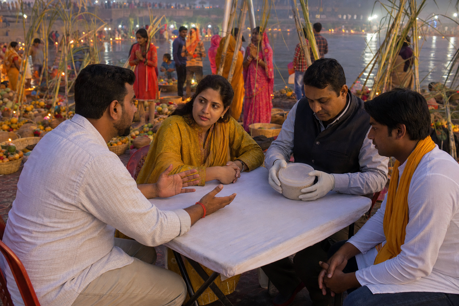 A committee facilitator mediates a calm discussion between a devotee and a supplier beside an active Chhath Puja ghat.