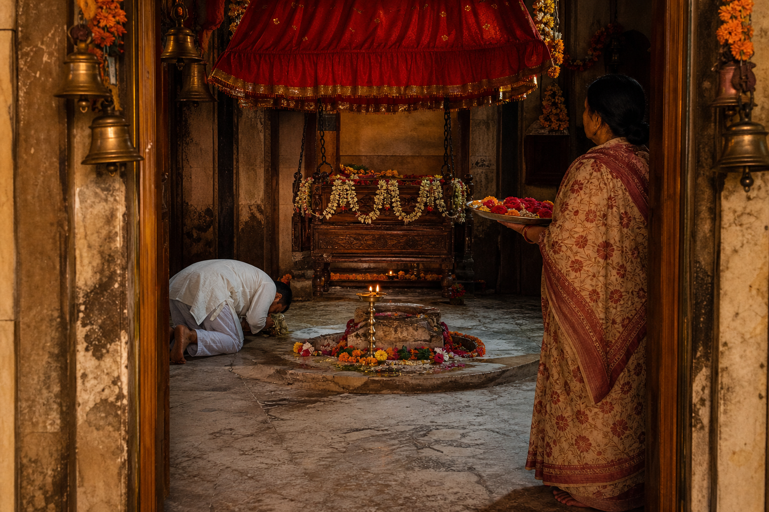 Barefoot pilgrims bow before a flower-decorated suspended cradle in a softly lit temple sanctum.