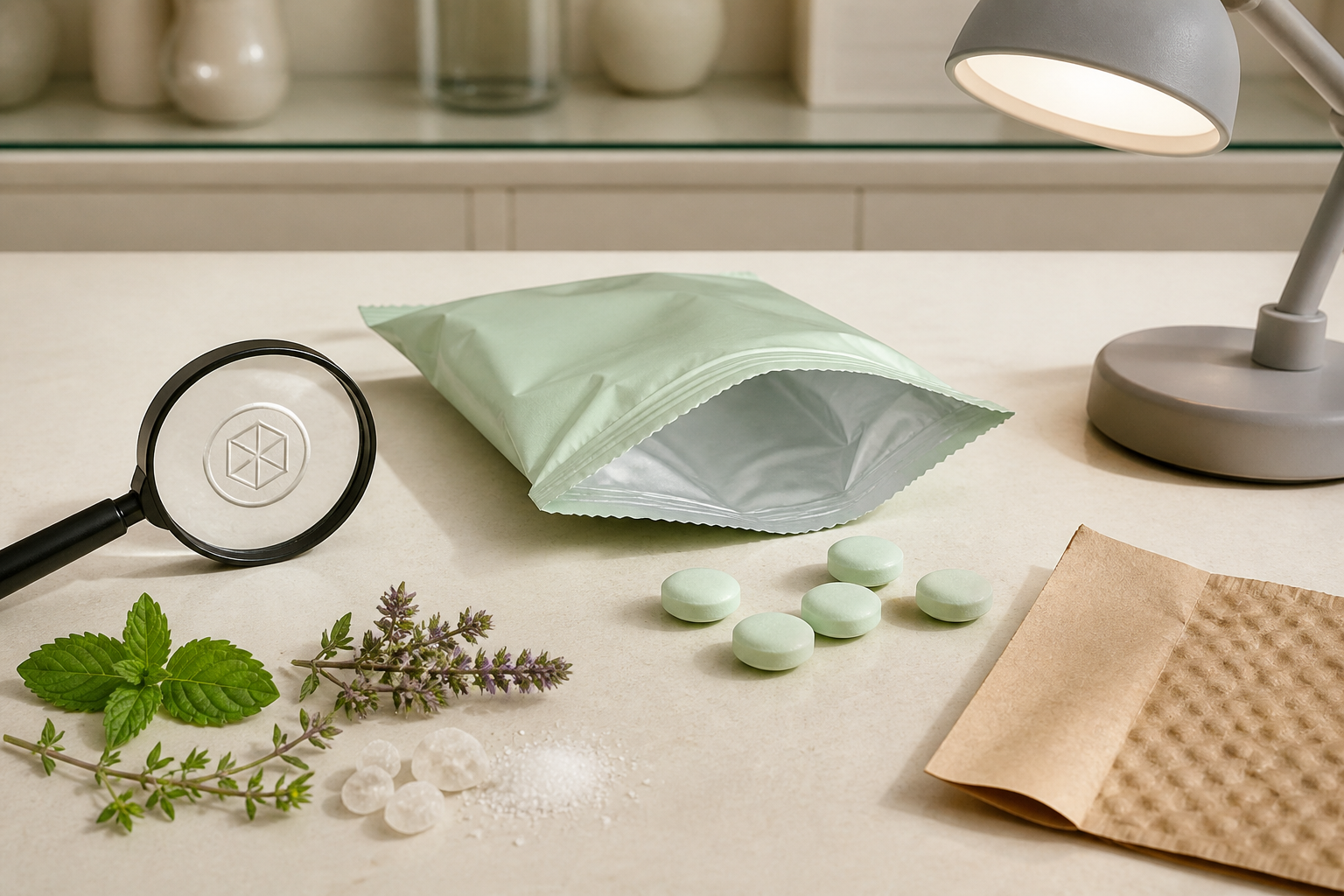 An unbranded mint packet is arranged with a magnifying glass, candies, ingredients, an inspection lamp, and packaging material as separate points of examination.