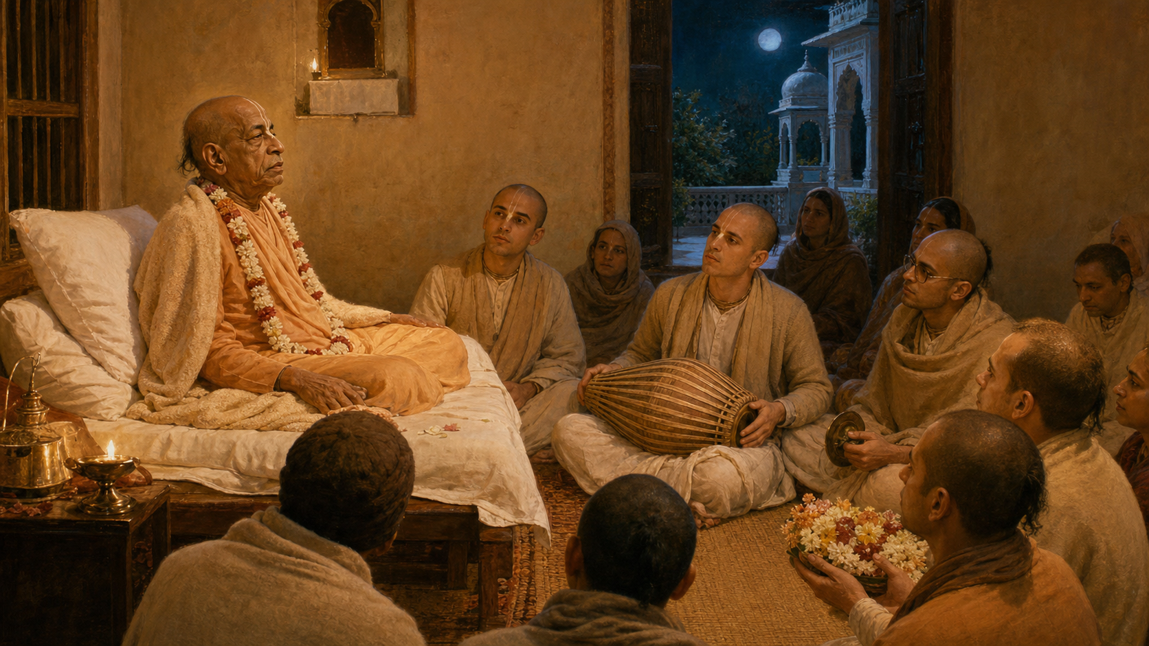 An elderly Vaishnava teacher rests on a low bed in a lamplit Vrindavan room while disciples sit nearby with flowers and devotional instruments.