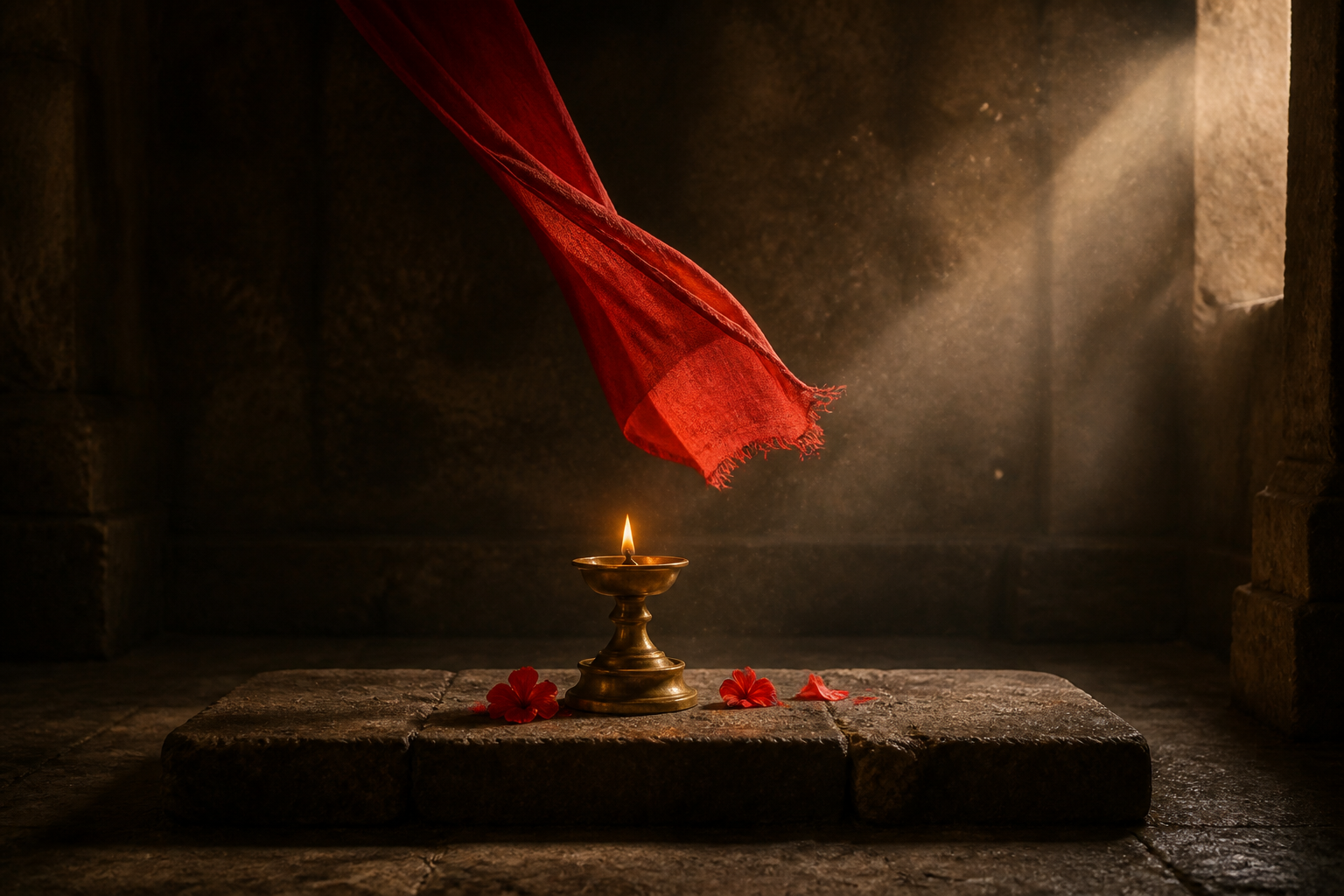 An empty stone temple chamber contains a glowing oil lamp, red petals, and suspended crimson cloth illuminated by a shaft of light.