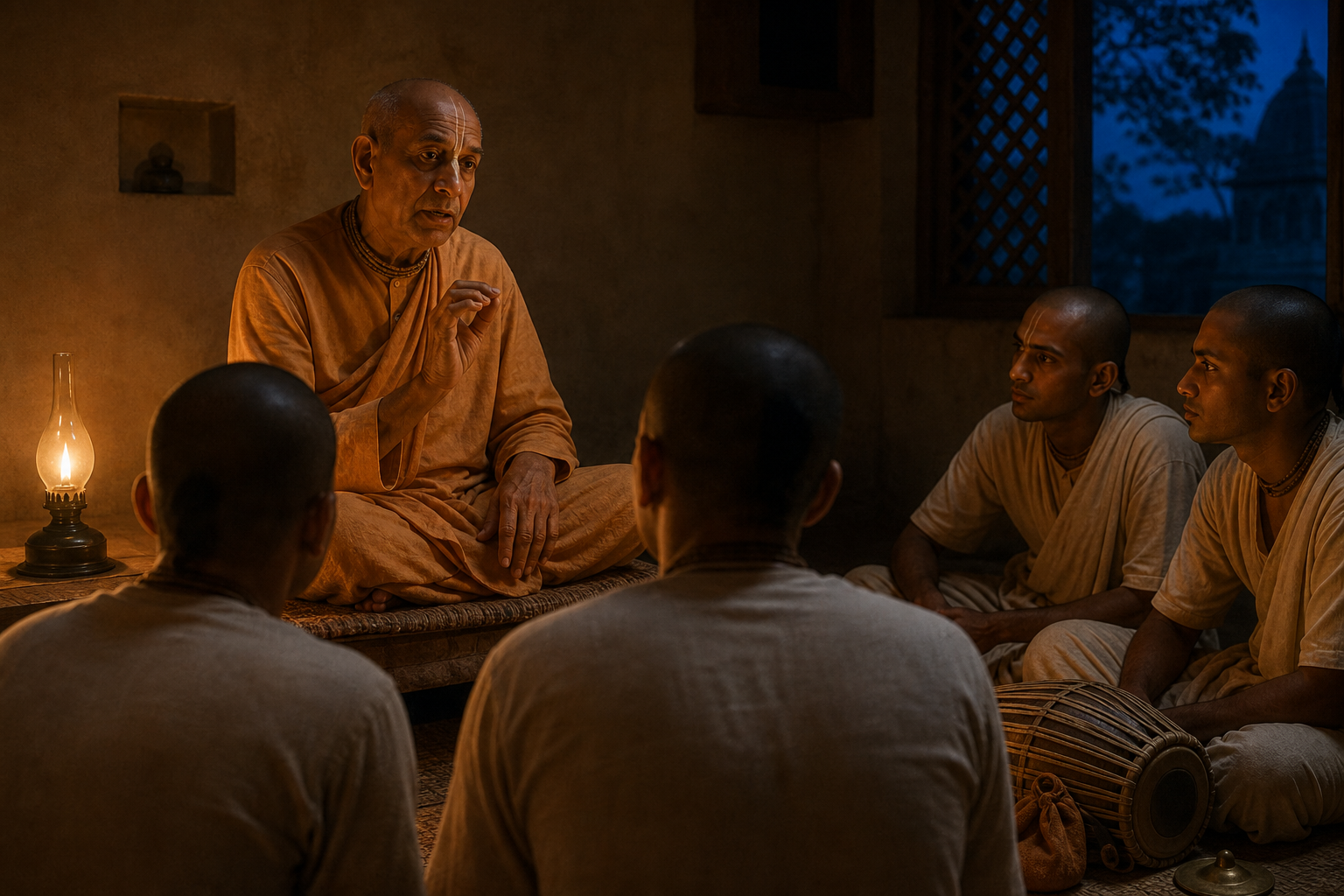 An elderly Vaishnava teacher gives a quiet nighttime instruction as disciples listen closely in a room lit by a single oil lamp.