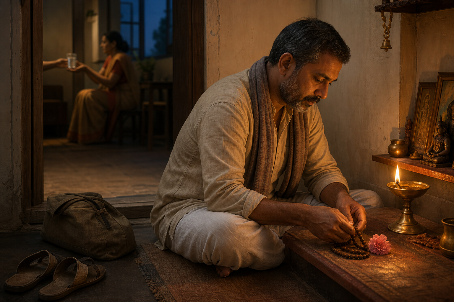 A returned pilgrim places a flower beside a home altar while prayer beads, sandals, and a travel bag rest nearby.
