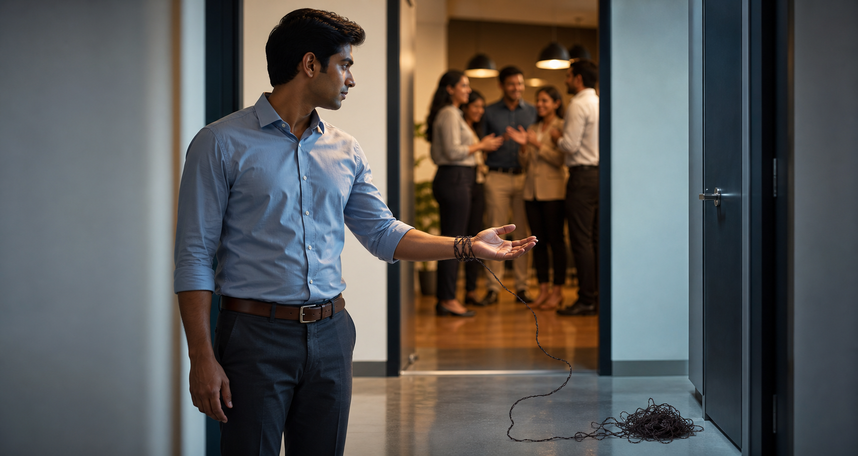 An office worker pauses and releases a tangled thread from their wrist while colleagues congratulate someone in a room behind them.