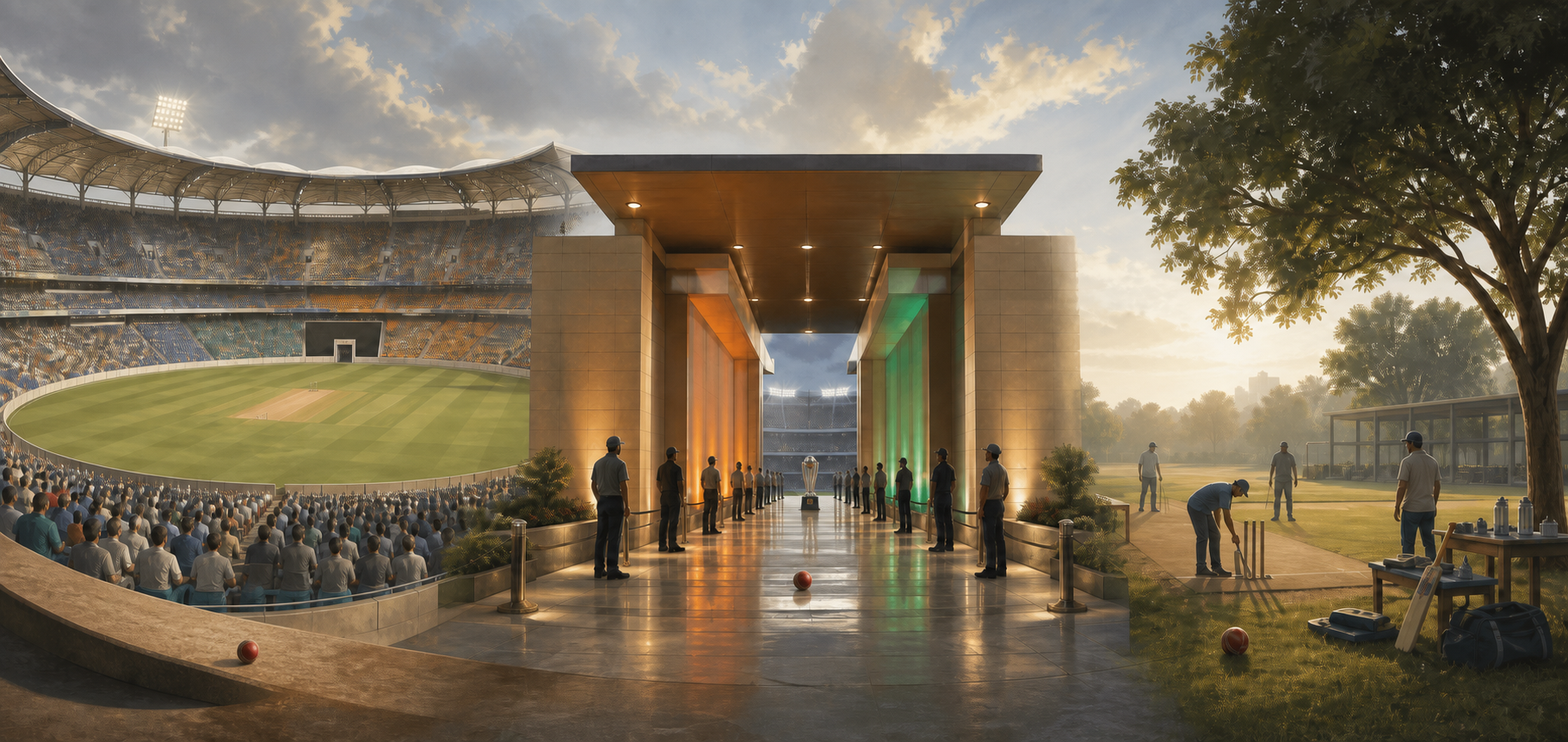Three connected cricket settings show a multinational stadium, a formal bilateral venue, and a small exhibition ground with different levels of ceremony and security.