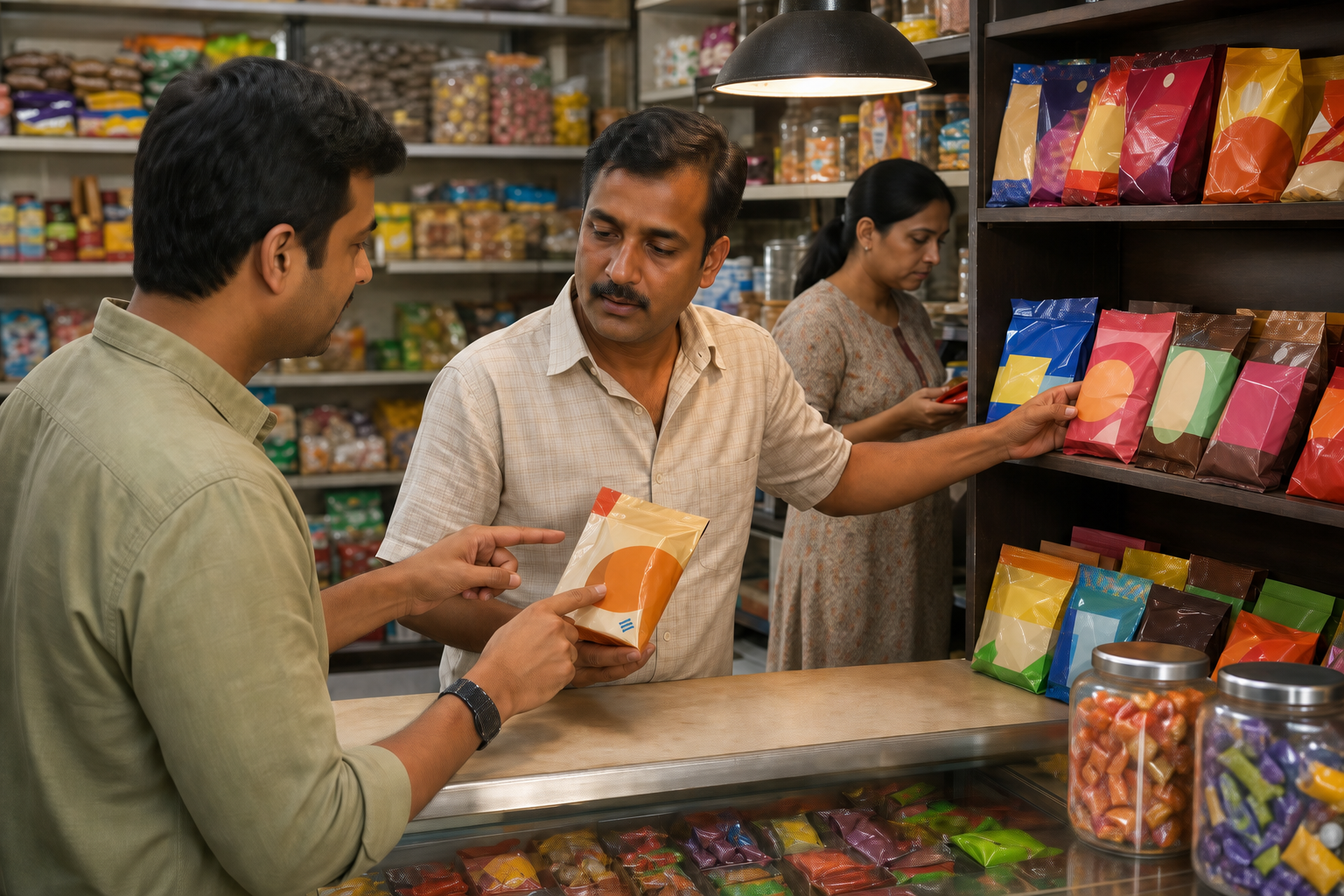 A customer and retailer calmly inspect an unbranded candy packet while alternative products sit on a nearby shelf.
