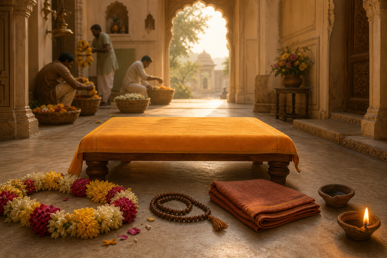 An empty saffron-covered seat with a flower garland, prayer beads, and clay lamps stands in a temple room as devotees prepare flowers in the background.
