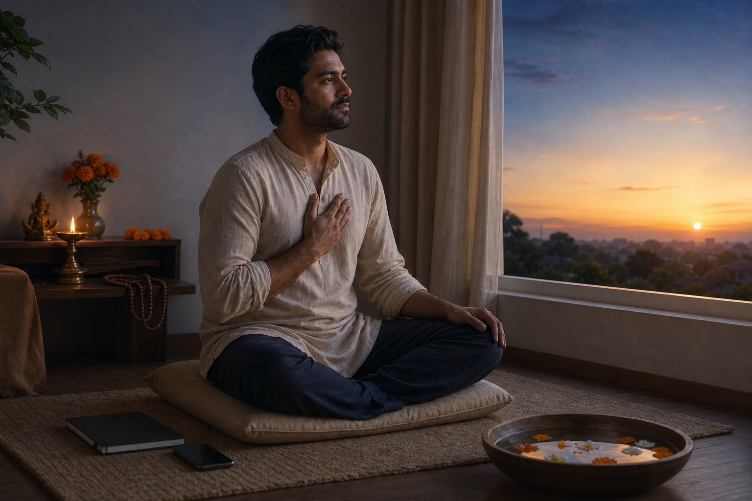 A South Asian adult sits calmly by a window at dawn with a phone placed face down, a closed notebook, prayer beads, flowers, and a softly glowing oil lamp nearby.