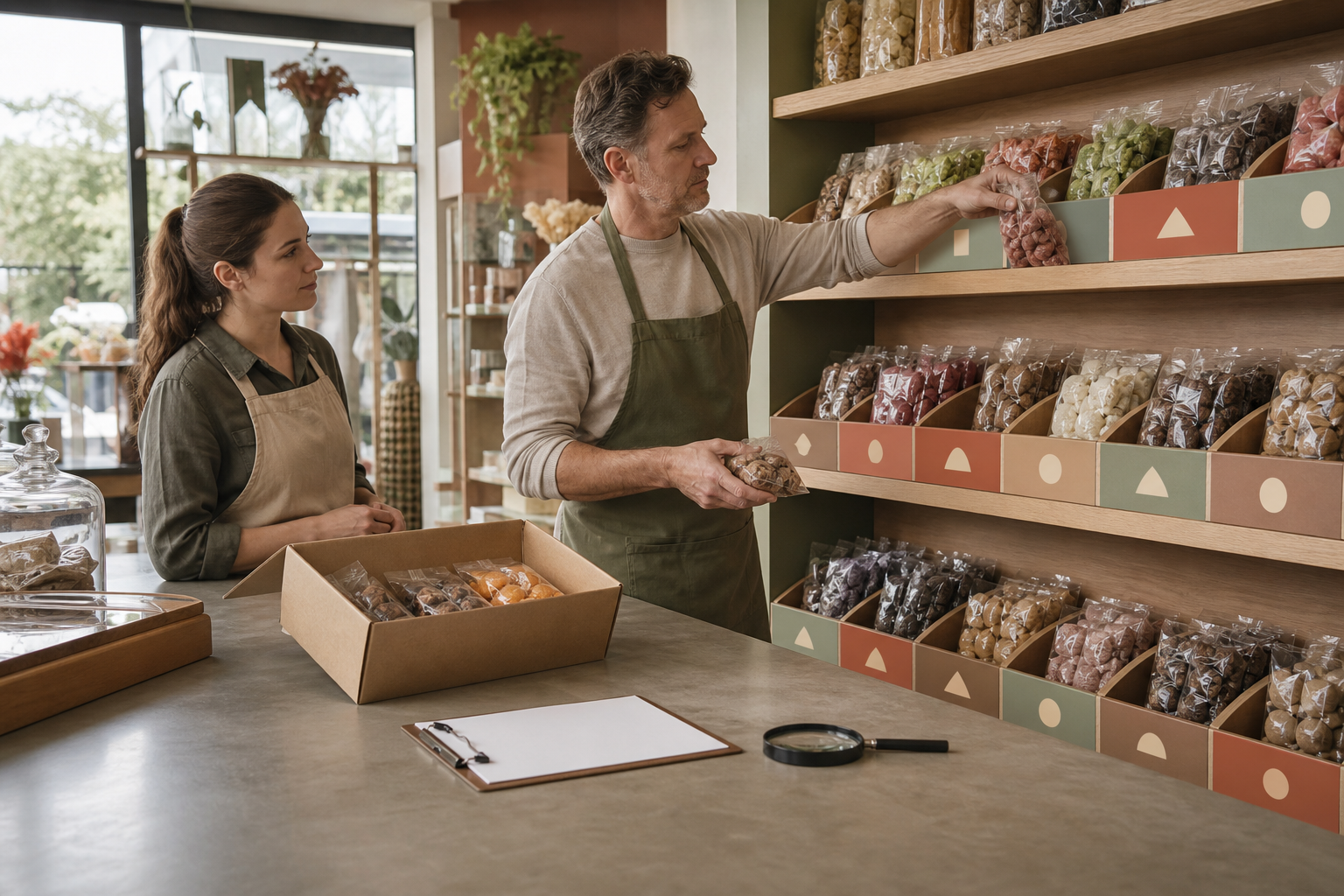 A shop owner organizes unbranded packaged sweets into separate shelf sections while an employee watches before the store opens.