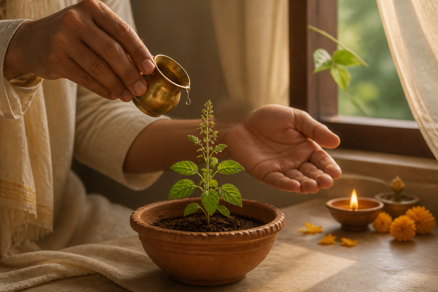 Open hands tend a young tulsi plant in a clay bowl, with a small watering cup, marigold petals, and a glowing oil lamp nearby.