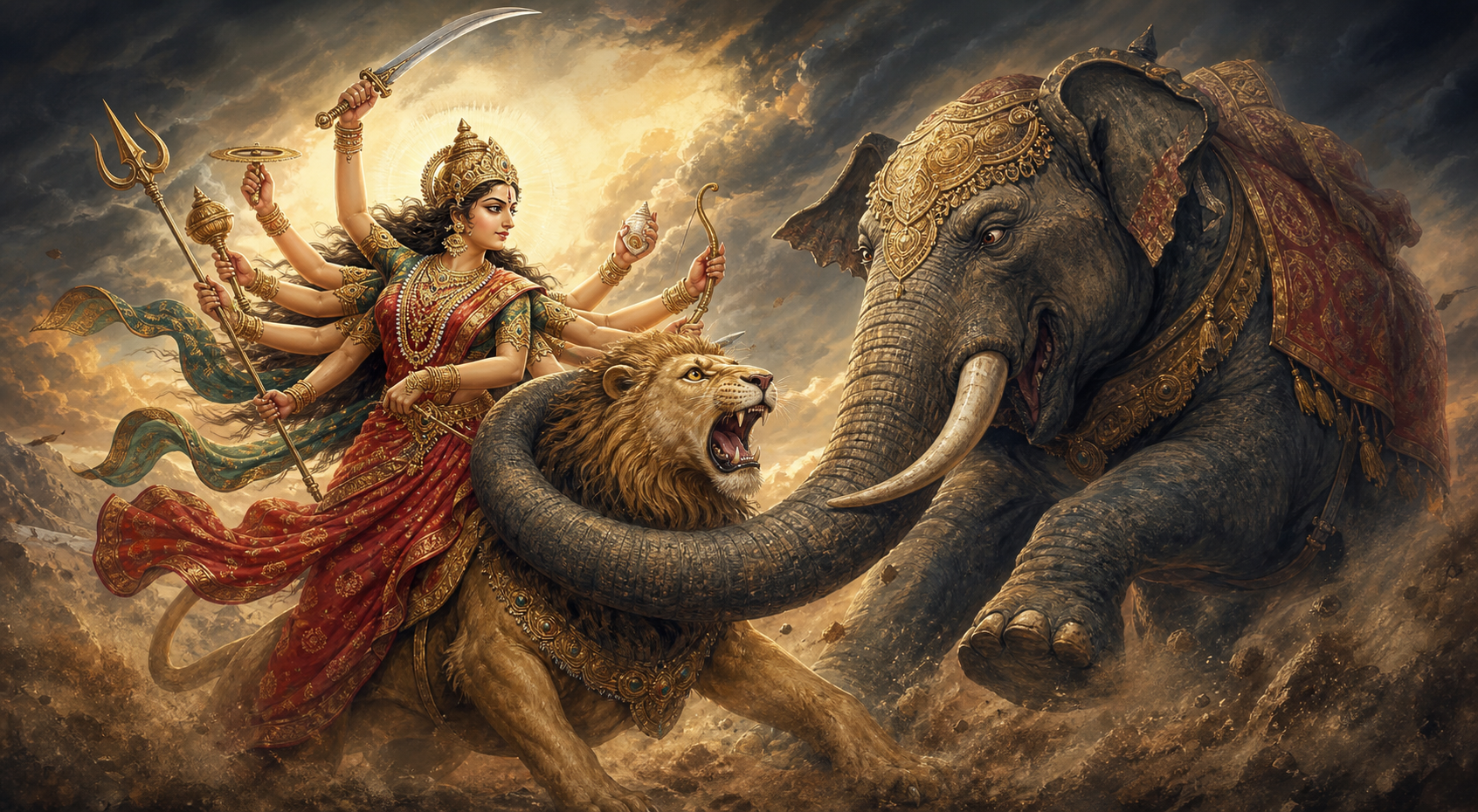 The warrior Goddess confronts Mahishasura in elephant form as the demon's trunk coils around her lion on a mythic battlefield.
