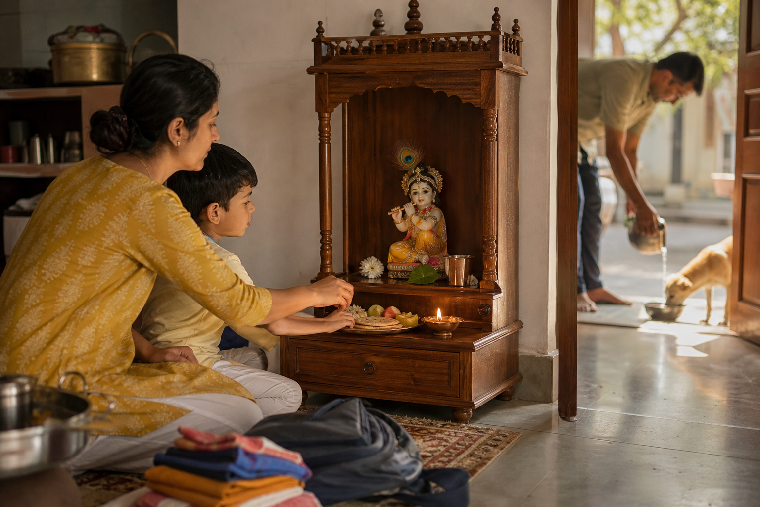 A family offers a small portion of breakfast at a child-Krishna shrine while another person places water for a dog at the doorway of a sunlit home.