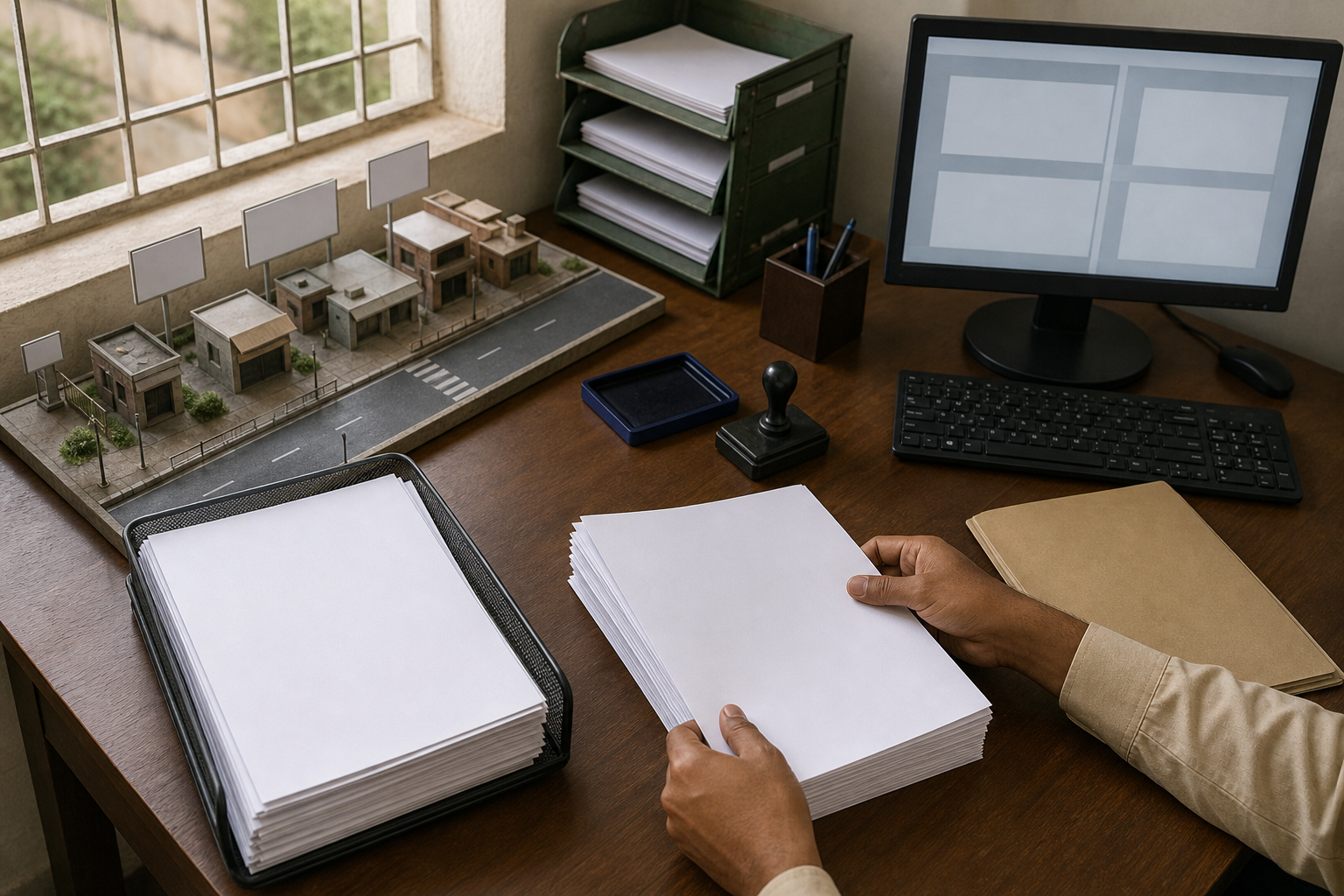 A municipal clerk sorts blank documents beside a stamp, computer, and model street with unmarked signboards.
