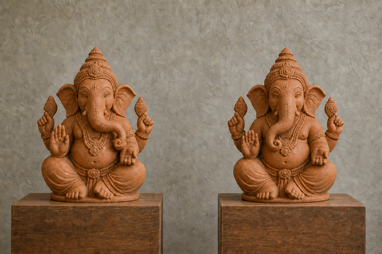Two matching terracotta Ganesha murtis stand side by side with their trunks curling in opposite directions.