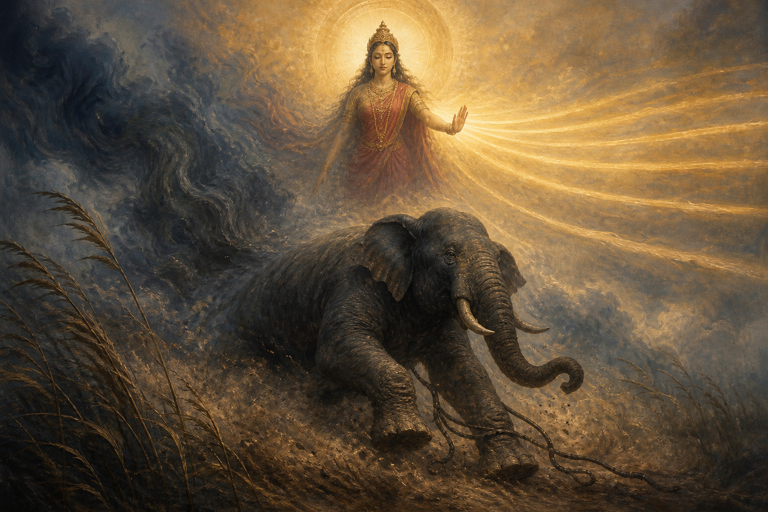 A riderless elephant rushes through dark mist below a calm radiant Goddess who redirects the surrounding turbulence into ordered light.
