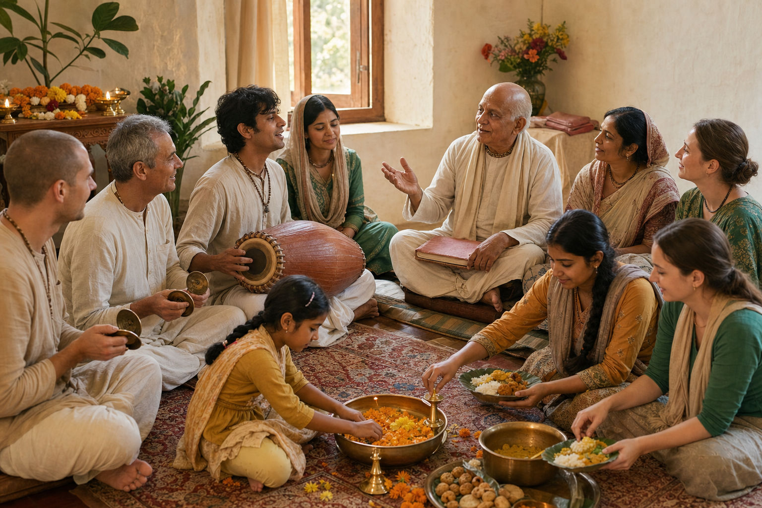 A multigenerational group holds a remembrance observance with kirtan, flowers, prayer beads, a closed scripture, and volunteers preparing plates of prasadam.