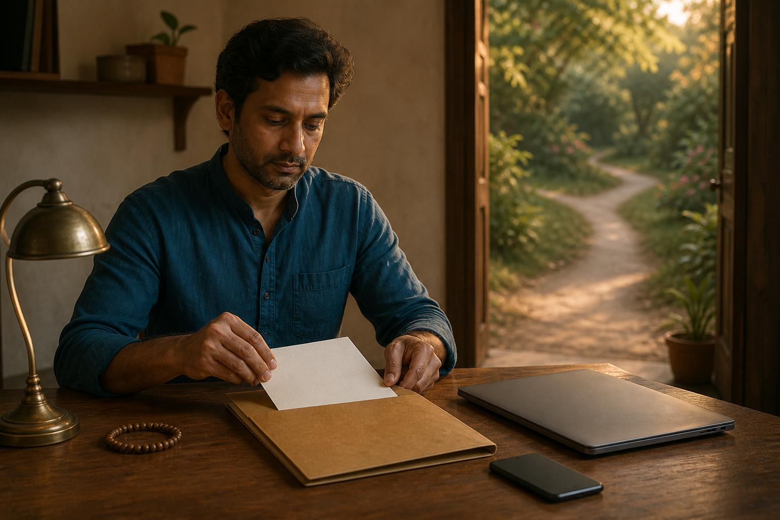 A South Asian adult places a completed page into a plain folder at a tidy desk while a garden path branches beyond an open doorway.