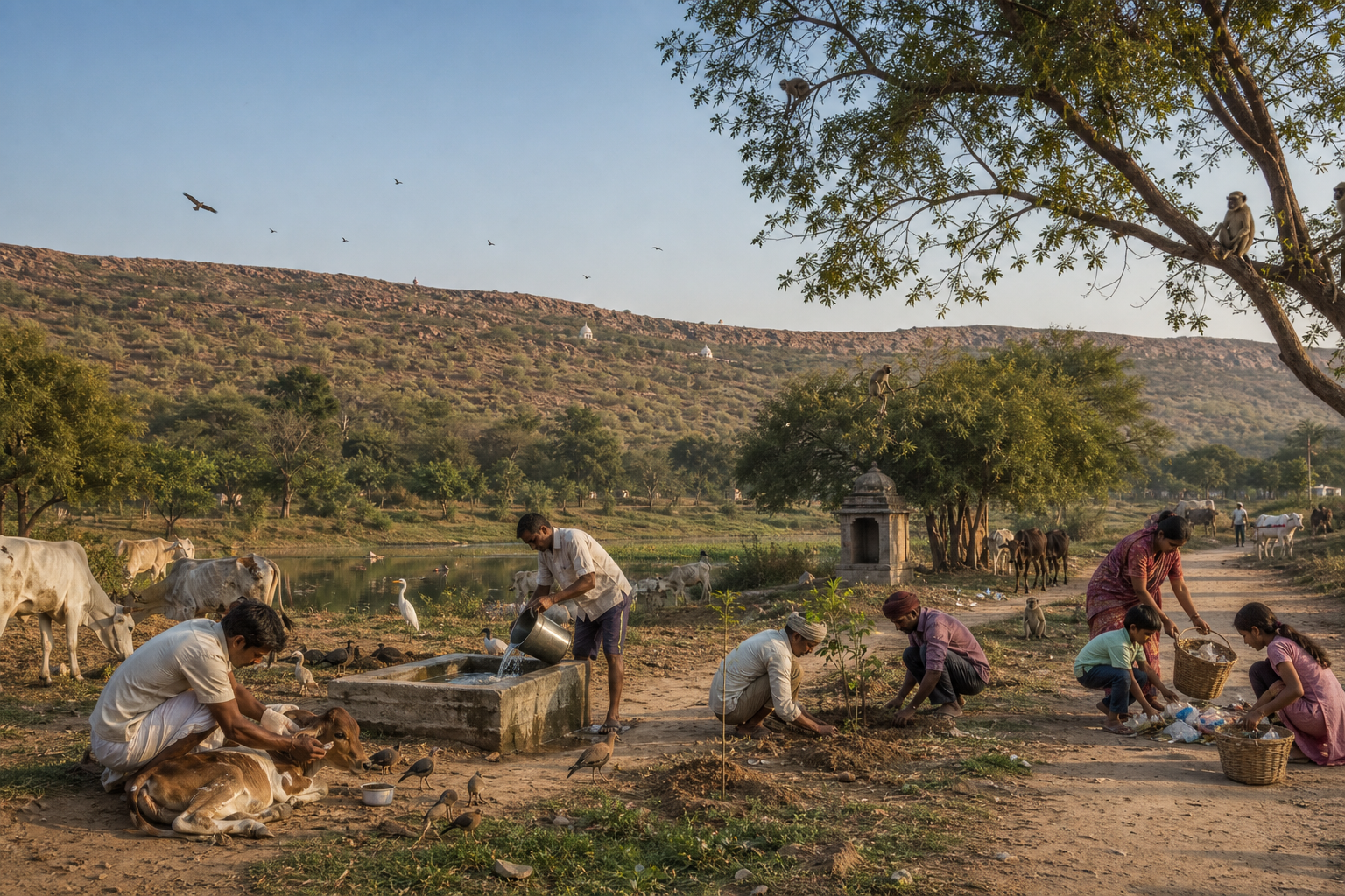 People care for a calf, refill an animal water trough, plant saplings, and clean a path in the pastoral landscape beside Govardhan Hill.