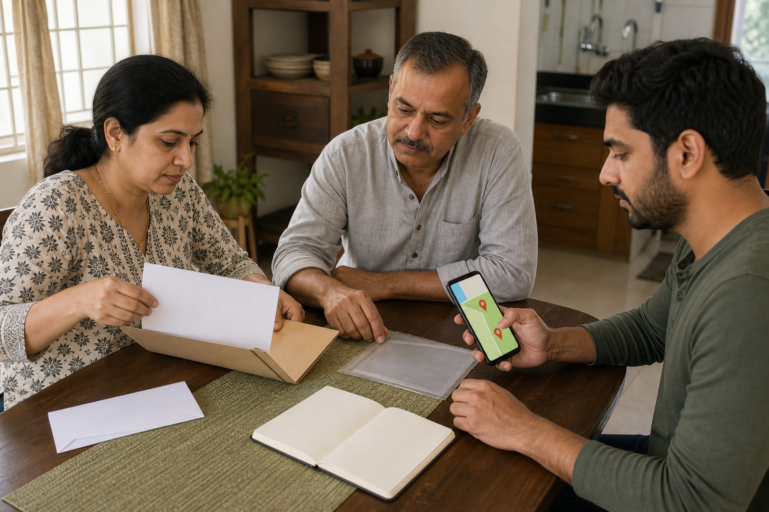 Three residents compare blank household documents and an unlabeled map on a smartphone while organizing an address folder.