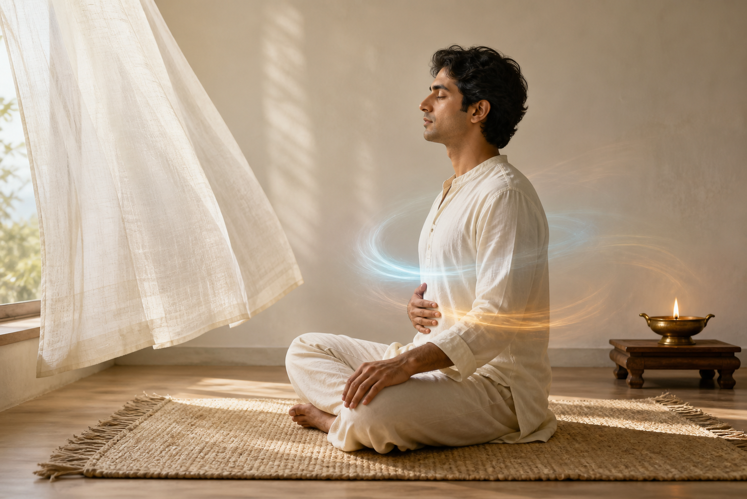 A South Asian adult practices calm breathing while seated on a woven mat, with one hand on the ribs, a moving curtain, and a small oil lamp nearby.