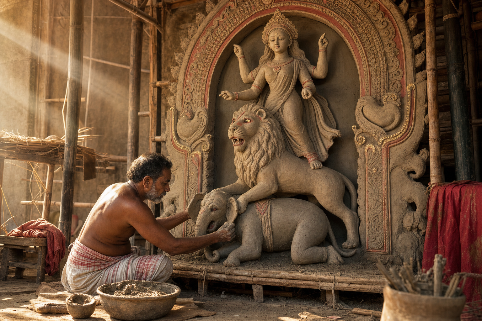 A Bengal artisan shapes the clay elephant-form demon beneath the lion and four-armed Jagadhatri in an idol-making workshop.