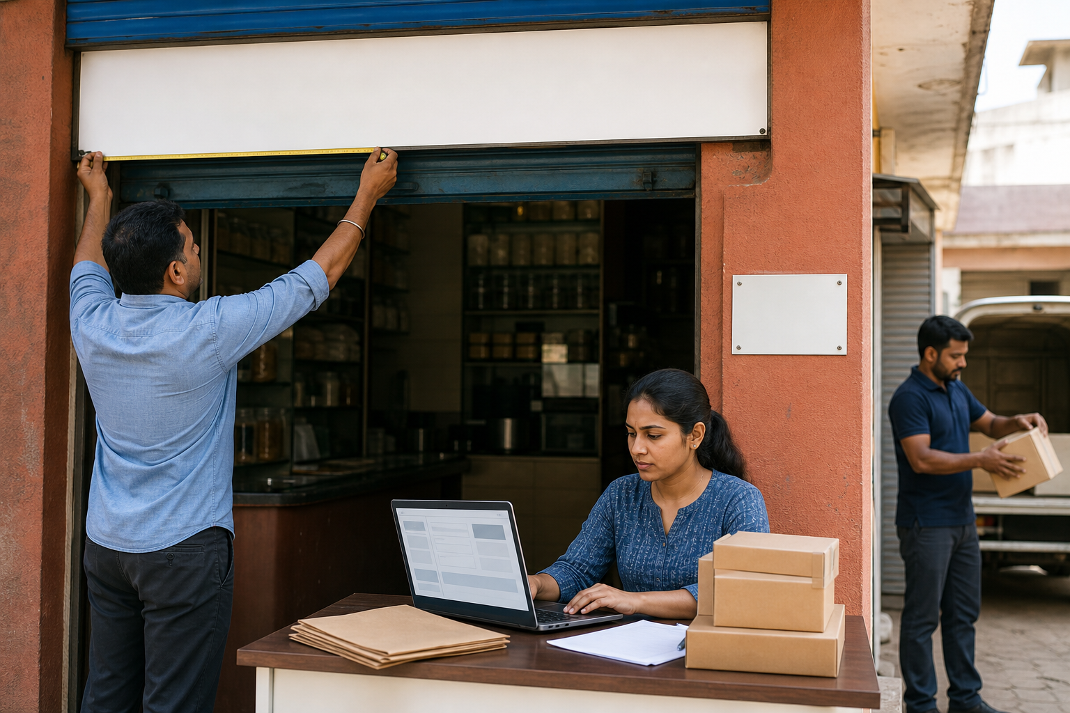 A shop owner measures a blank storefront sign while an assistant checks unlabeled digital records and a courier holds an unmarked parcel.