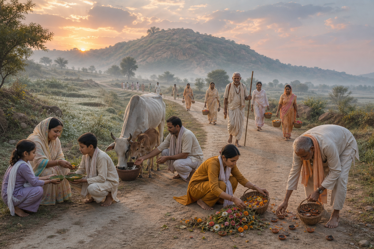 Pilgrims walk the Govardhan parikrama path at dawn while others share food, give water to a cow and calf, gather flowers, and remove clay lamps from the route.