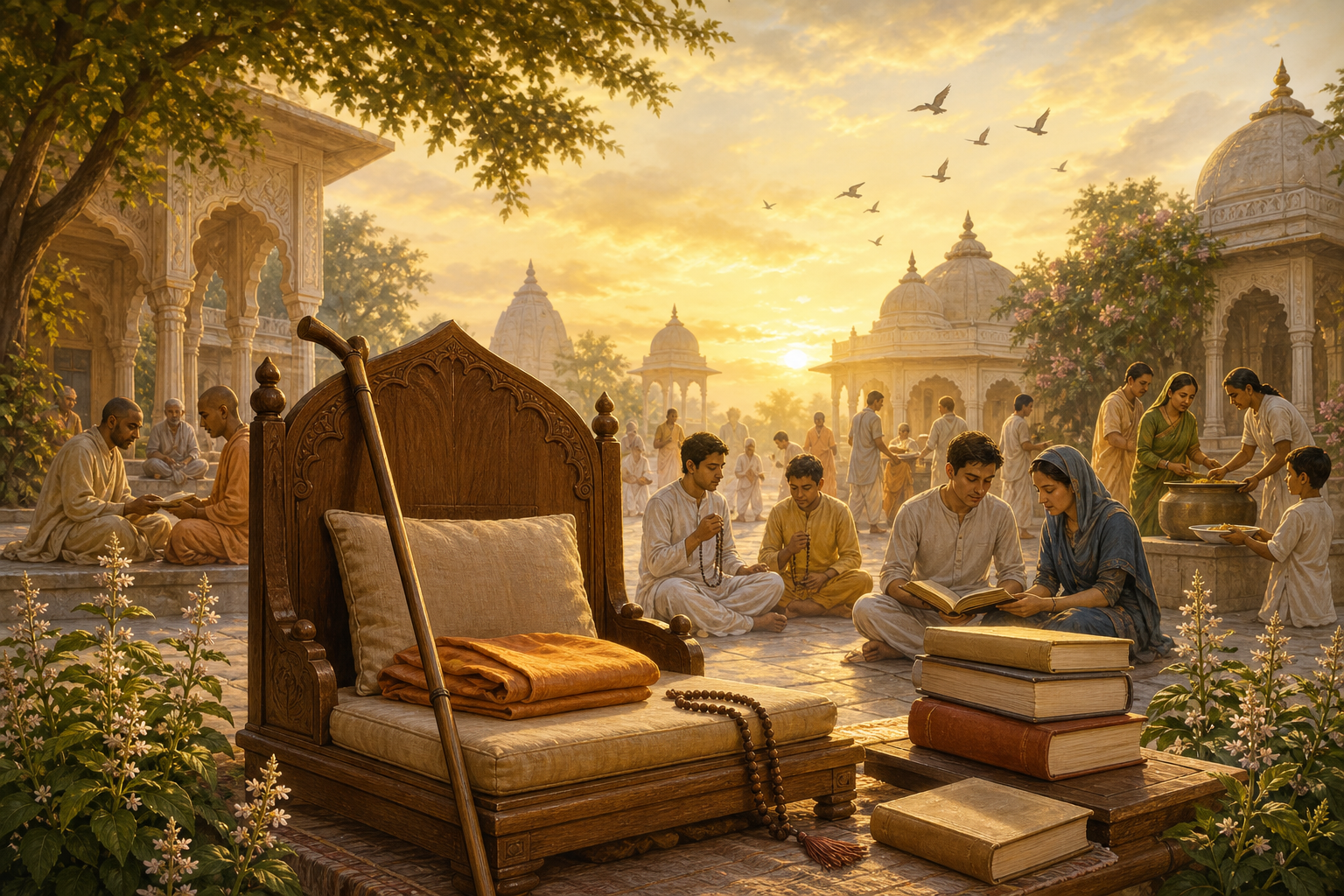 An empty teaching seat with saffron cloth, chanting beads, a cane, and books overlooks devotees serving and studying in a Vrindavan temple courtyard at dawn.