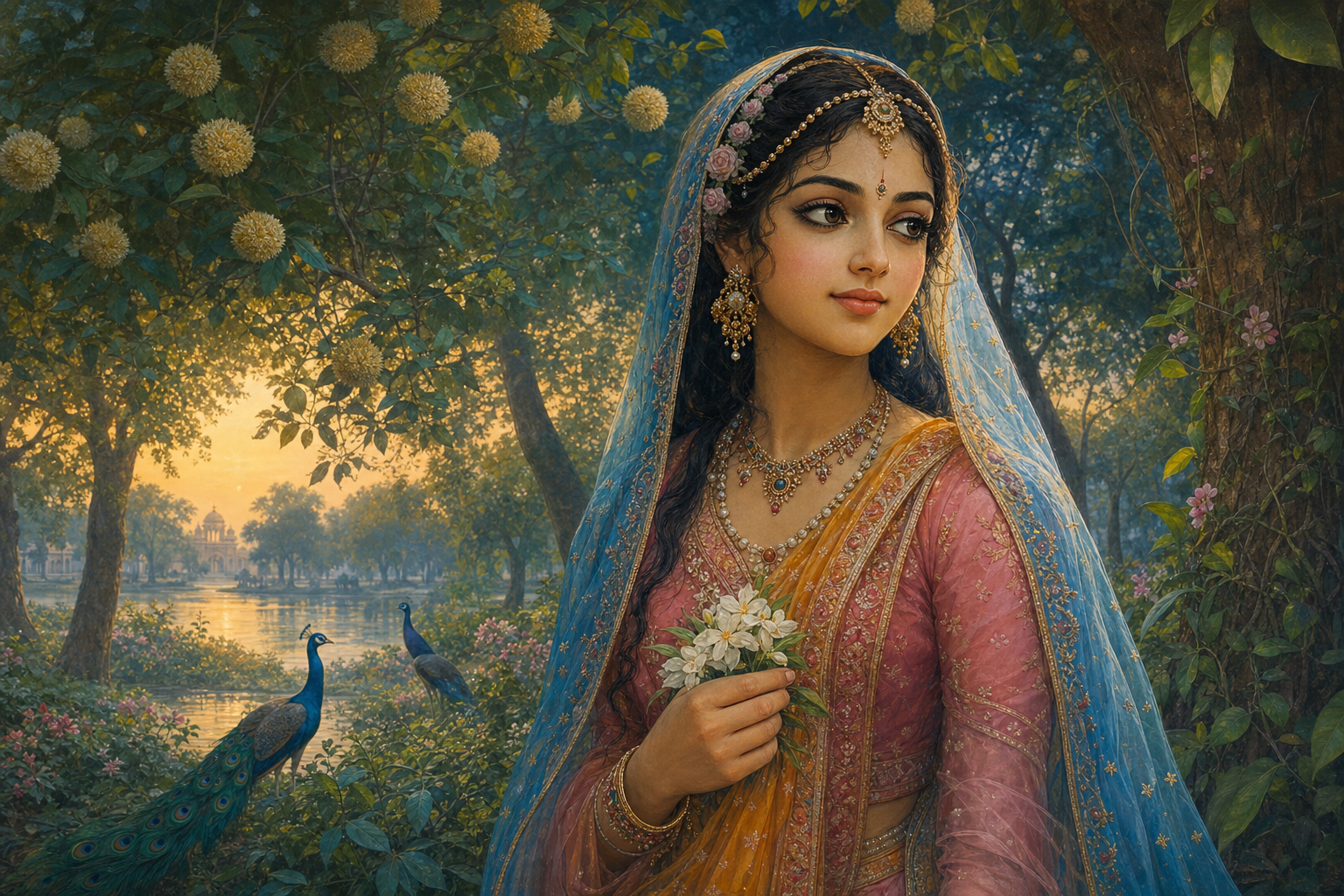 Sri Radha stands in a flowering Vrindavan grove at dawn, holding jasmine and looking beyond the frame with kajal-lined eyes.