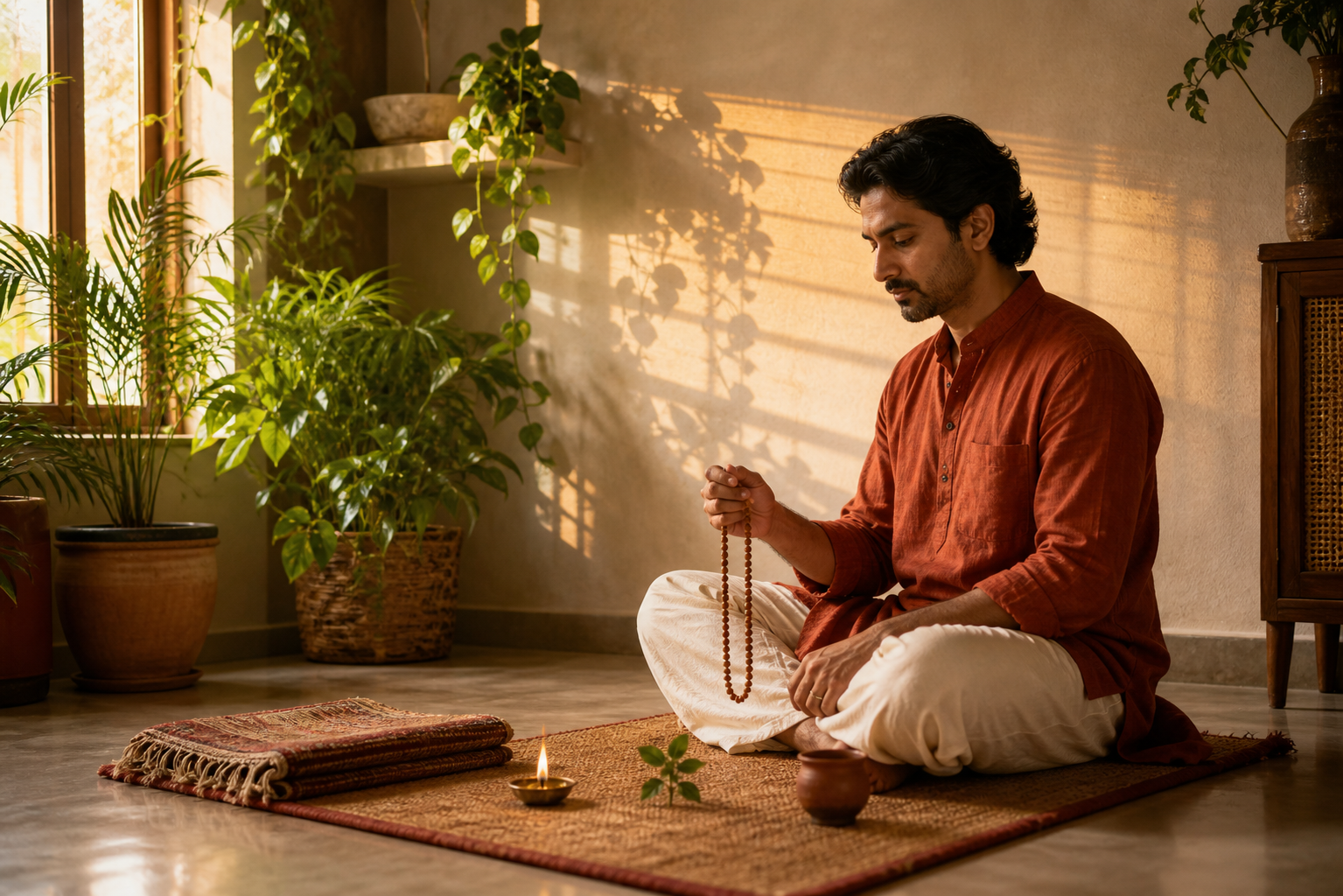 A South Asian adult uses prayer beads in a simple morning practice space with a woven mat, oil lamp, tulsi sprig, water cup, and potted plants.
