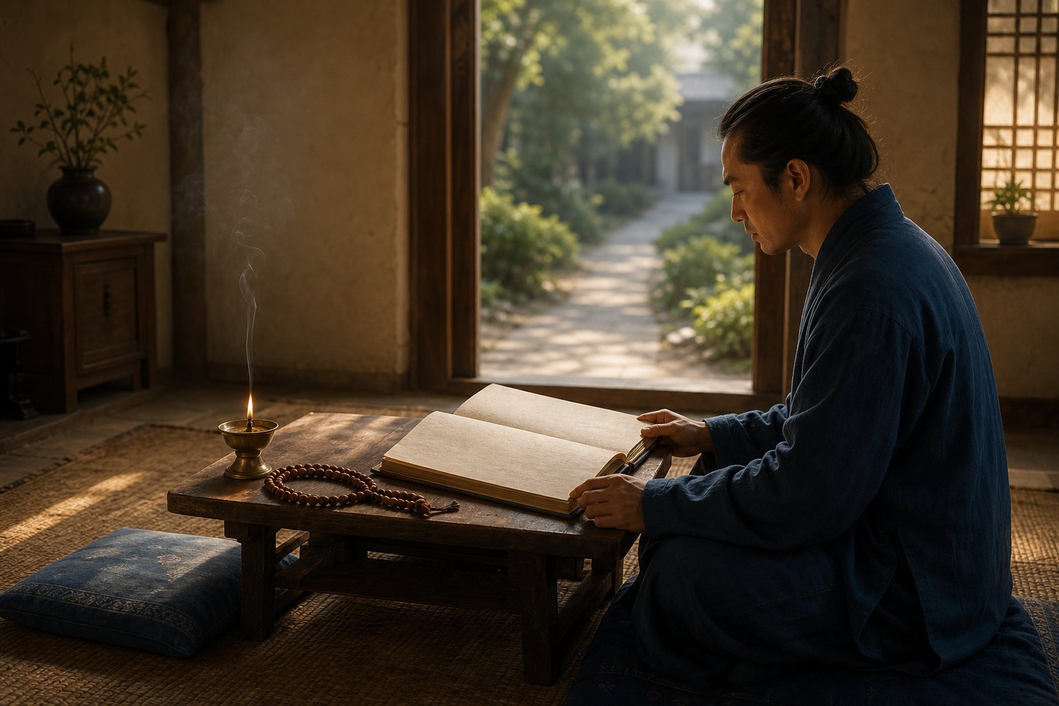 A devotee studies beside an empty cushion, an open scripture, chanting beads, and a brass lamp in a softly lit temple room.