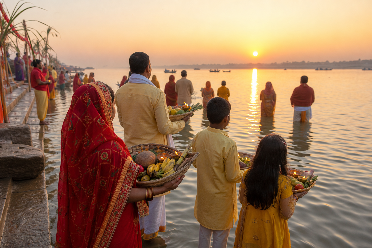 Devotees offer arghya with bamboo baskets of fruit and earthen lamps while standing in a river at sunset during Chhath Puja.