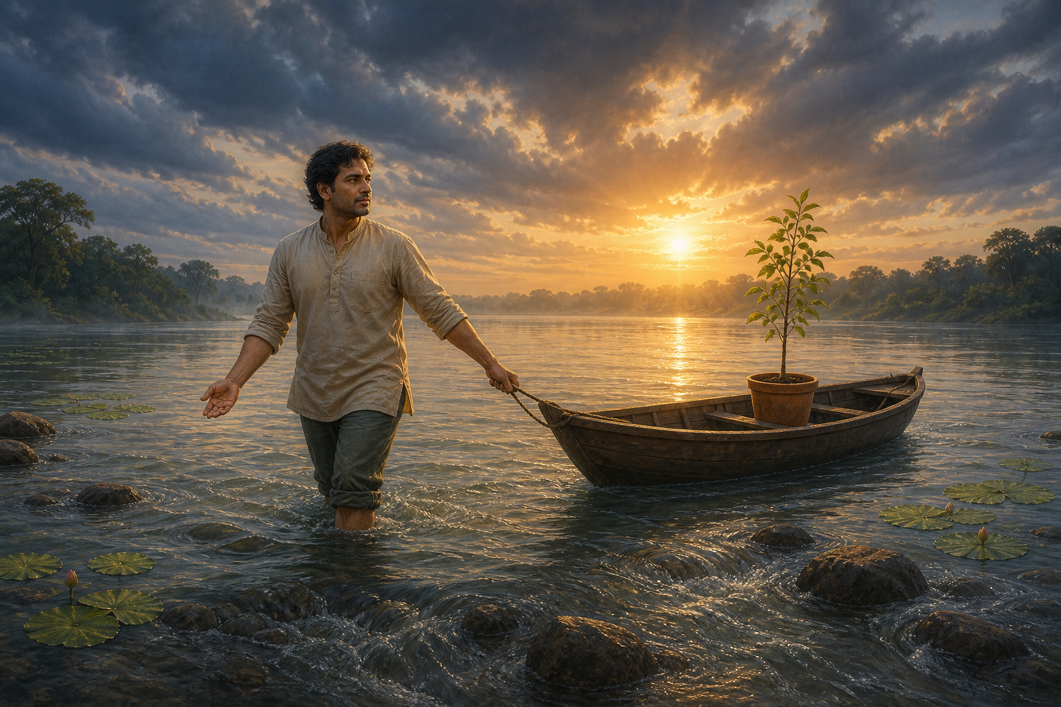 A householder guides a small boat carrying a potted sapling through a river at dawn, with one hand steering and the other held open above the water.