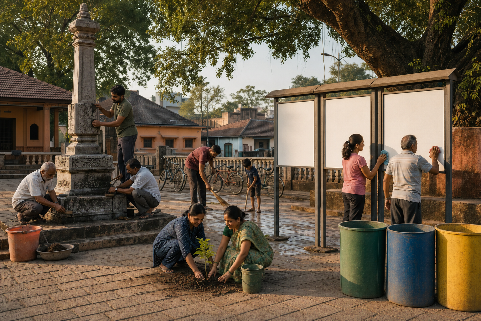Residents clean a public square, plant saplings, and repair a traditional stone lamp pedestal beside blank notice panels.