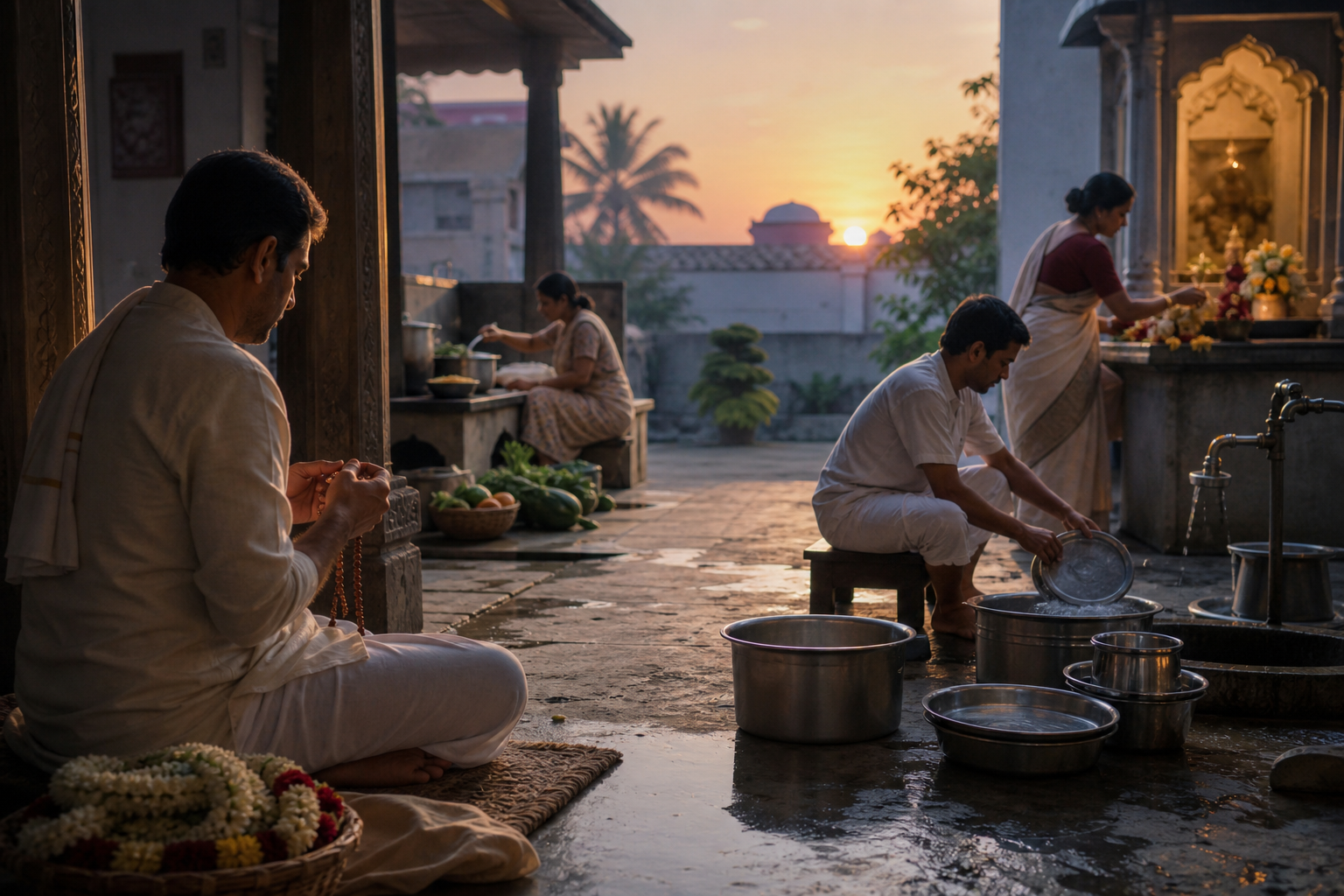 Devotees chant, wash serving vessels, arrange flowers, and prepare vegetarian food in a temple courtyard at sunrise.