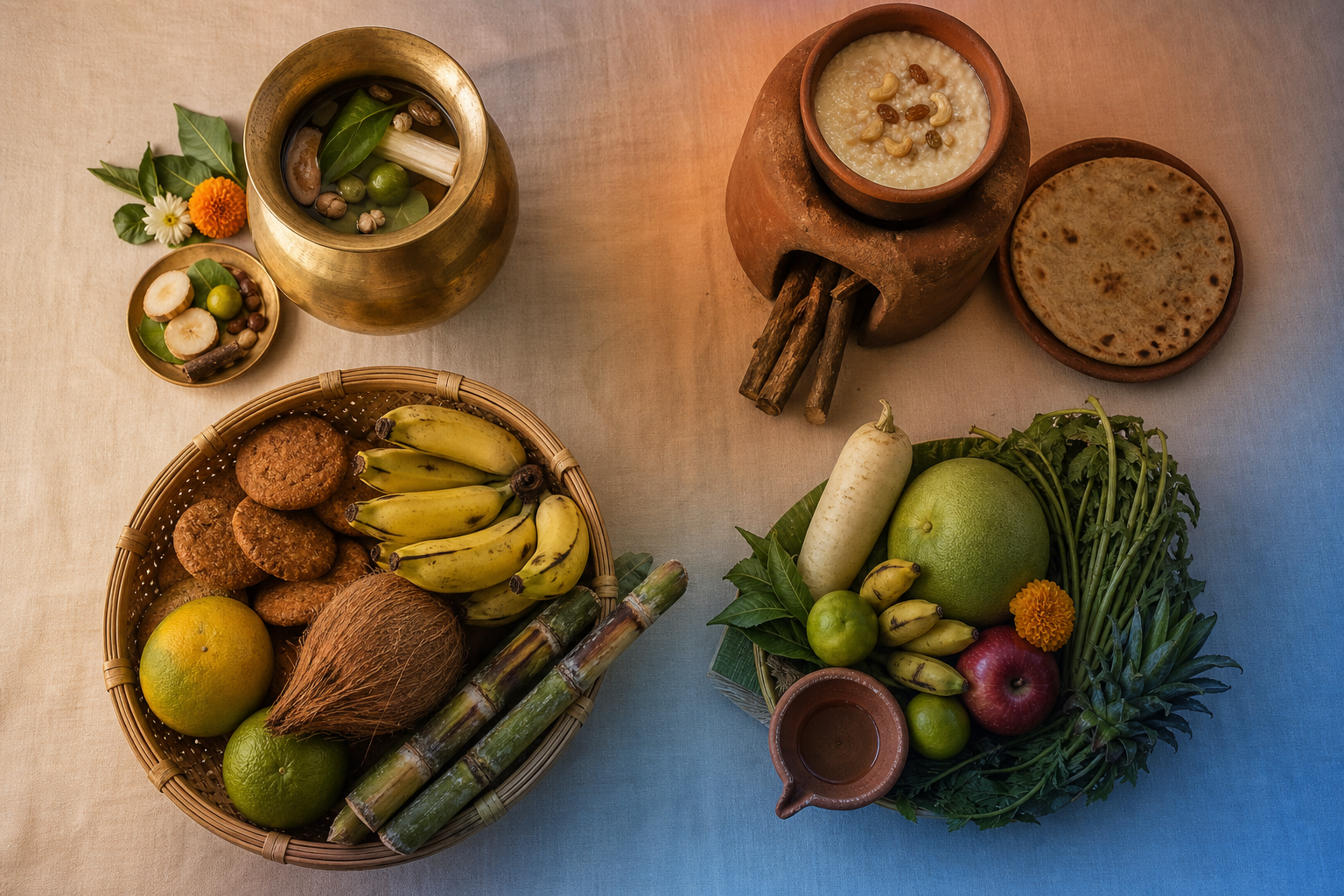 Four arranged groups of ritual foods, vessels, bamboo offerings, fruit, sugarcane, and earthen lamps represent the stages of Chhath Puja preparation.