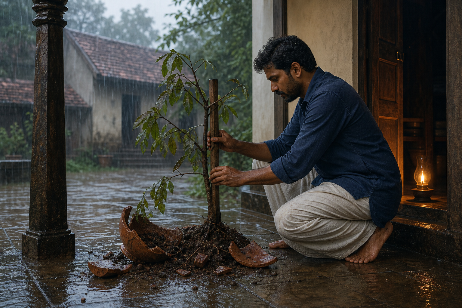 An adult in a rain-wet courtyard supports a damaged young tree beside the broken pieces of its clay pot.