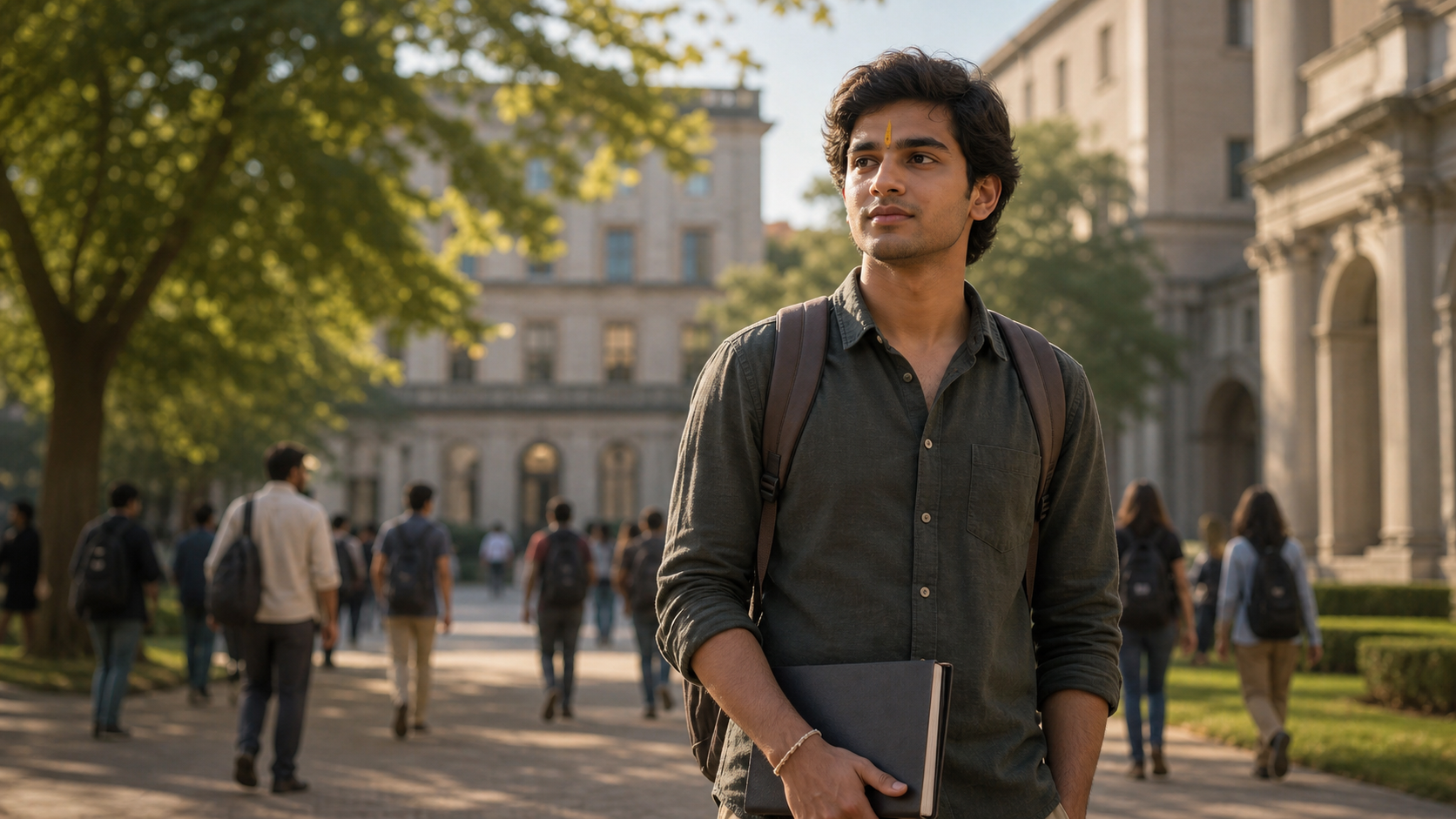 A Hindu student with a small tilak and sacred thread bracelet stands calmly in a sunlit university quadrangle while other students walk in the background.